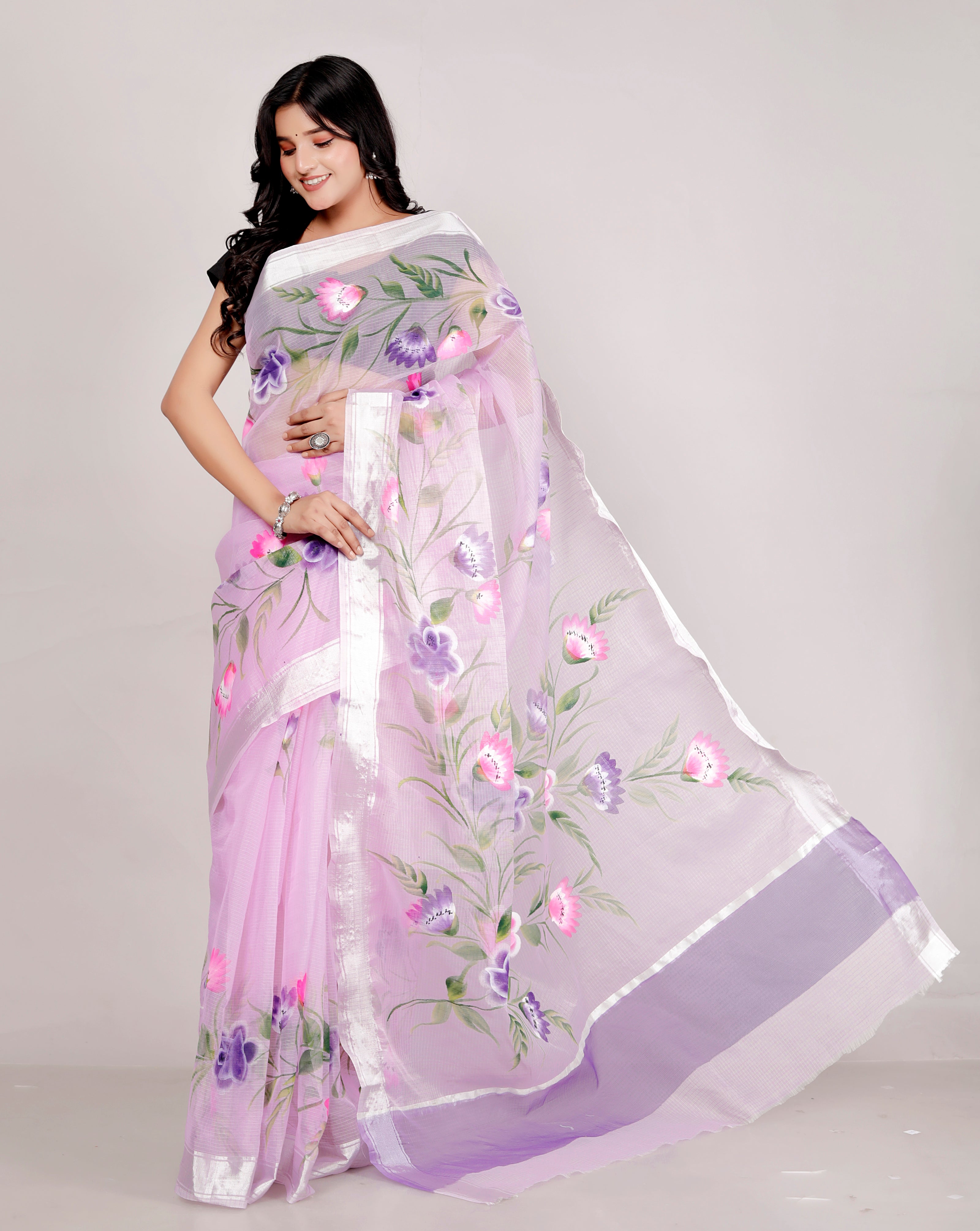 RAJGLOBAL Kota Doria Hand Painting Saree cotton blend_blue (blue)