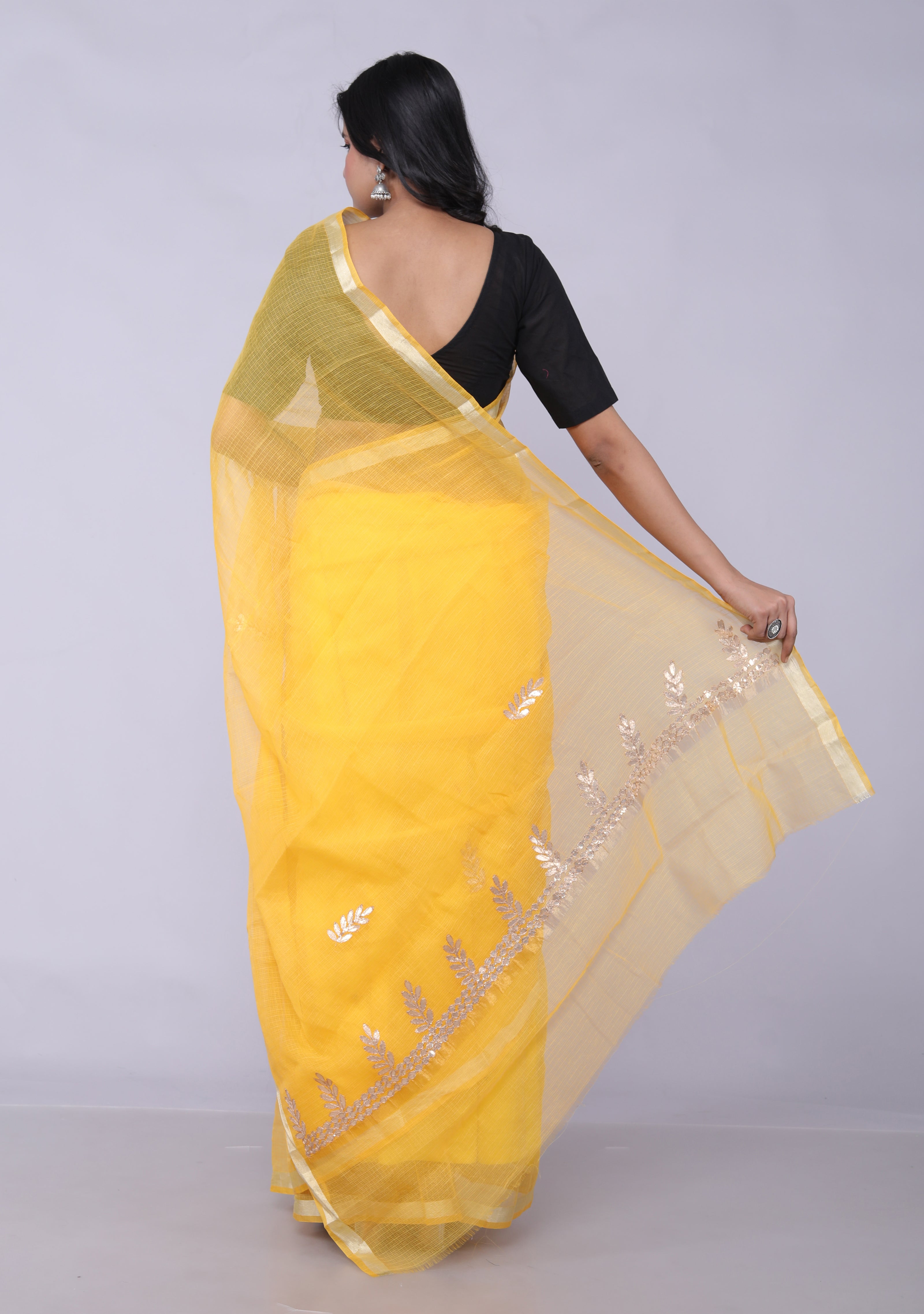 RAJGLOBAL Kota Doria Gota Patti Saree with Unstitched Blouse Yellow