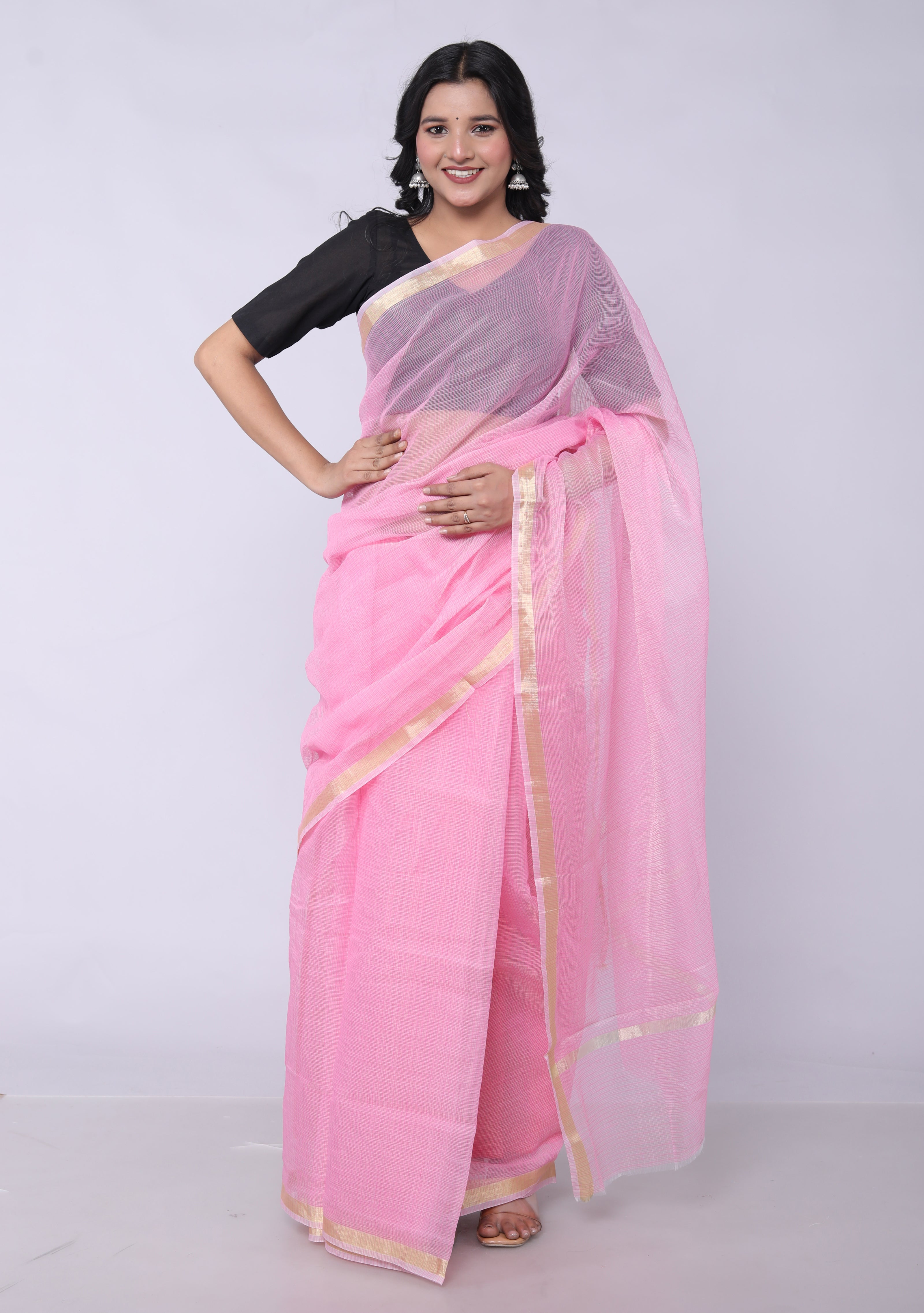 RAJGLOBAL Women's Plain Kota Doria Pure Cotton Saree with Unstiched Blouse Piece Light Pink