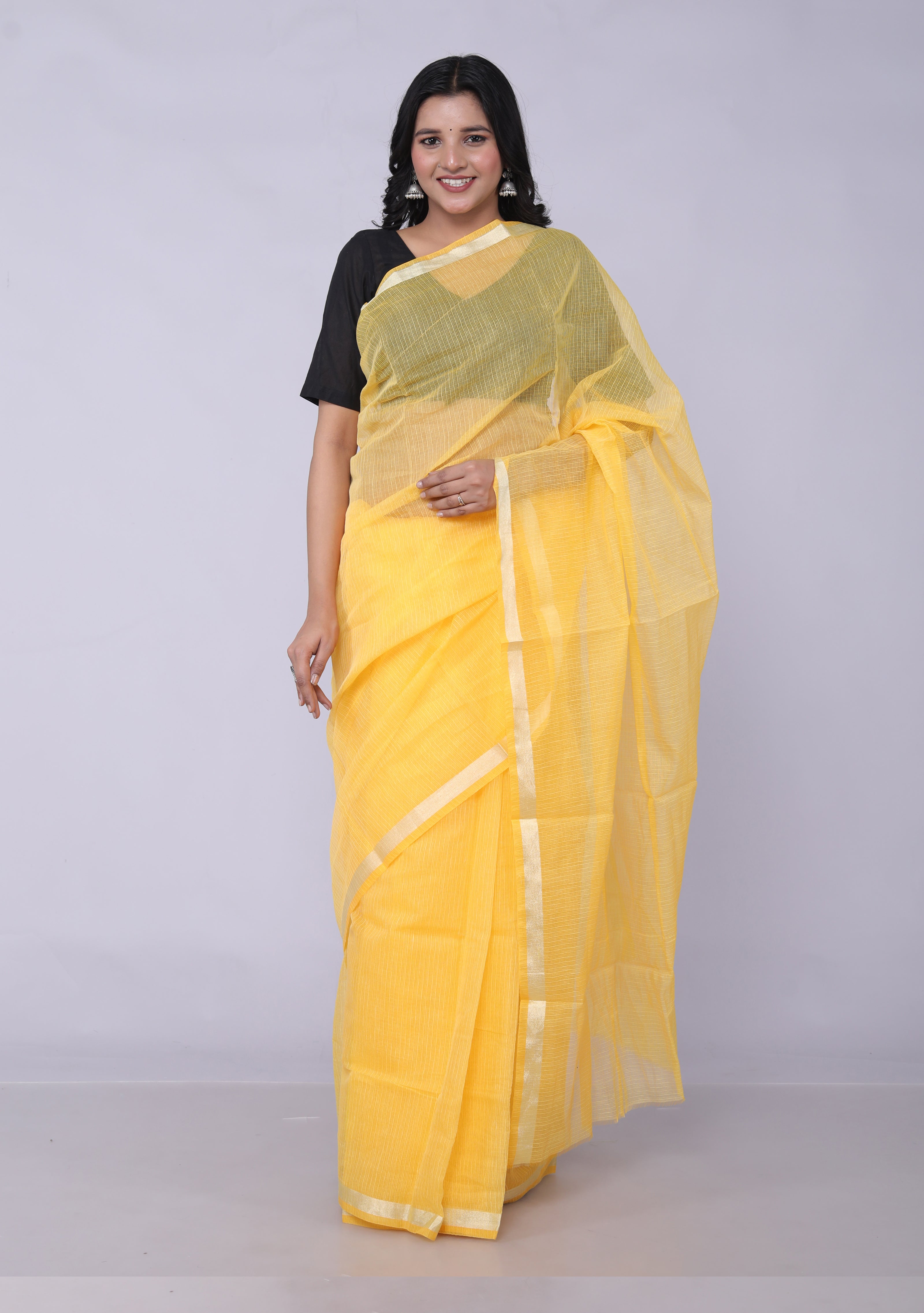 RAJGLOBAL Women's Plain Kota Doria Pure Cotton Saree with Unstiched Blouse Piece Yellow