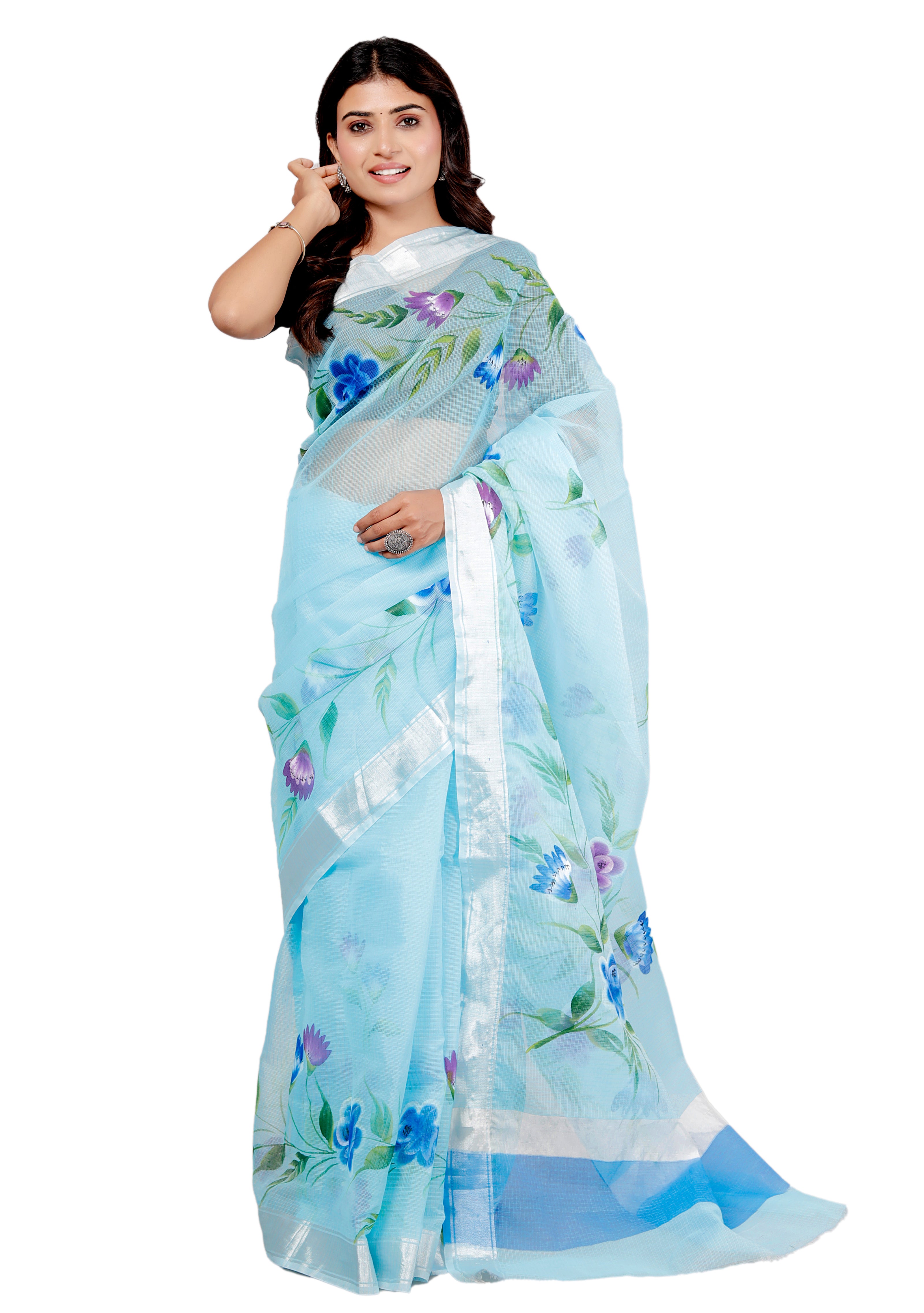 RAJGLOBAL Kota Doria Hand Painting Saree cotton blend_blue (blue)