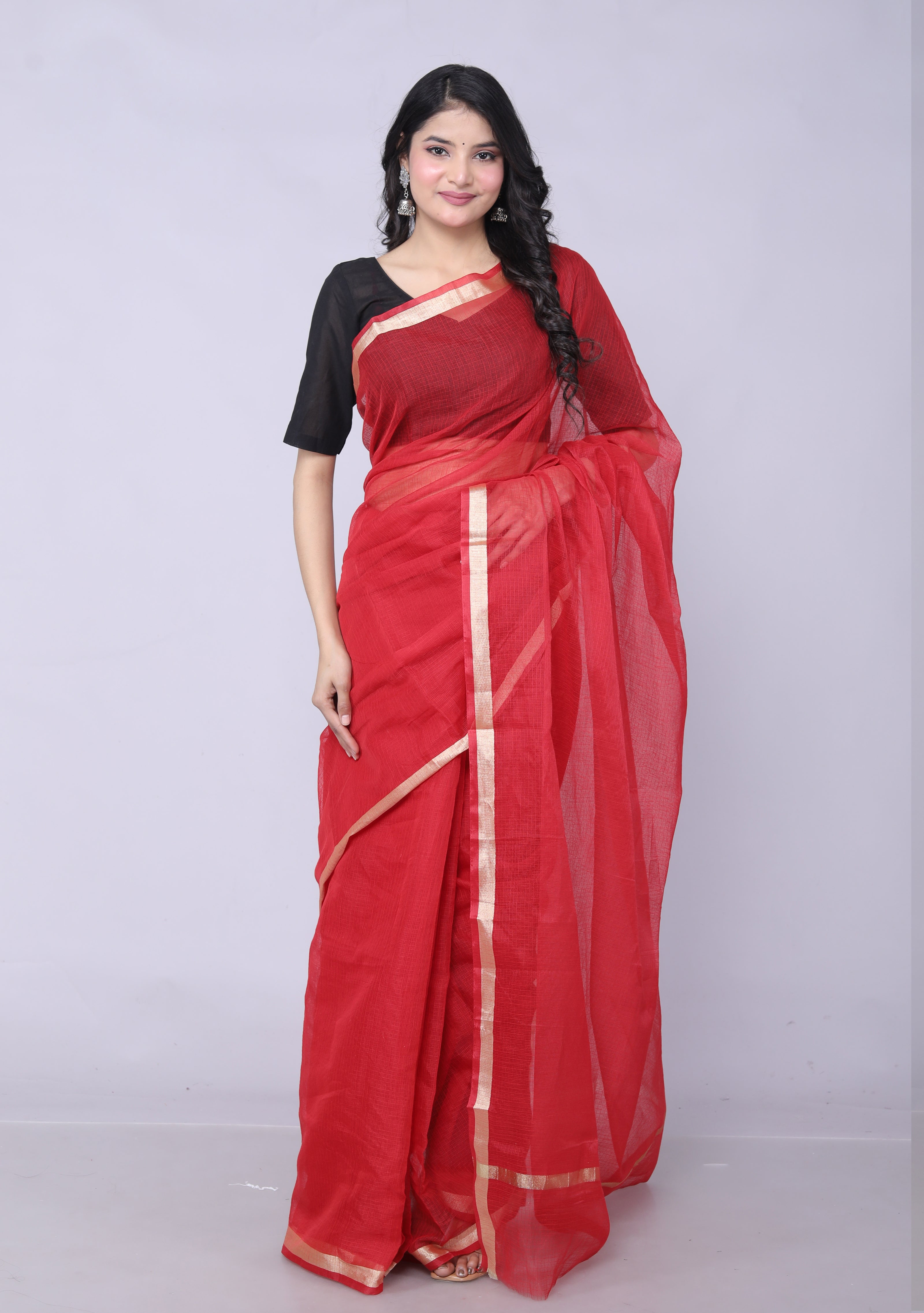 RAJGLOBAL Women's Plain Kota Doria Pure Cotton Saree with Unstiched Blouse Piece Red