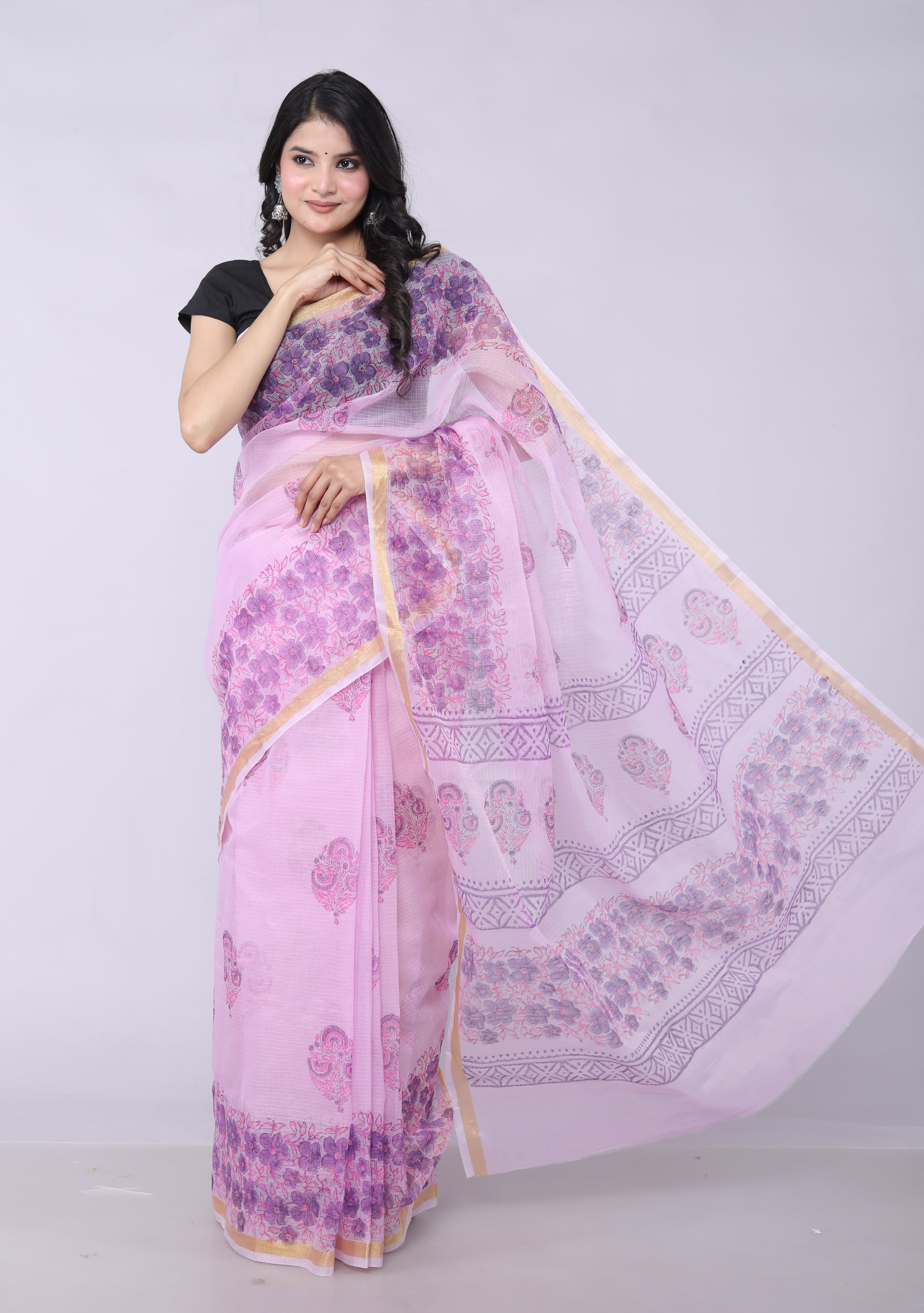 RAJGLOBAL Kota Doria Hand Block Printed Saree with Unstitched Blouse Purple Design 1