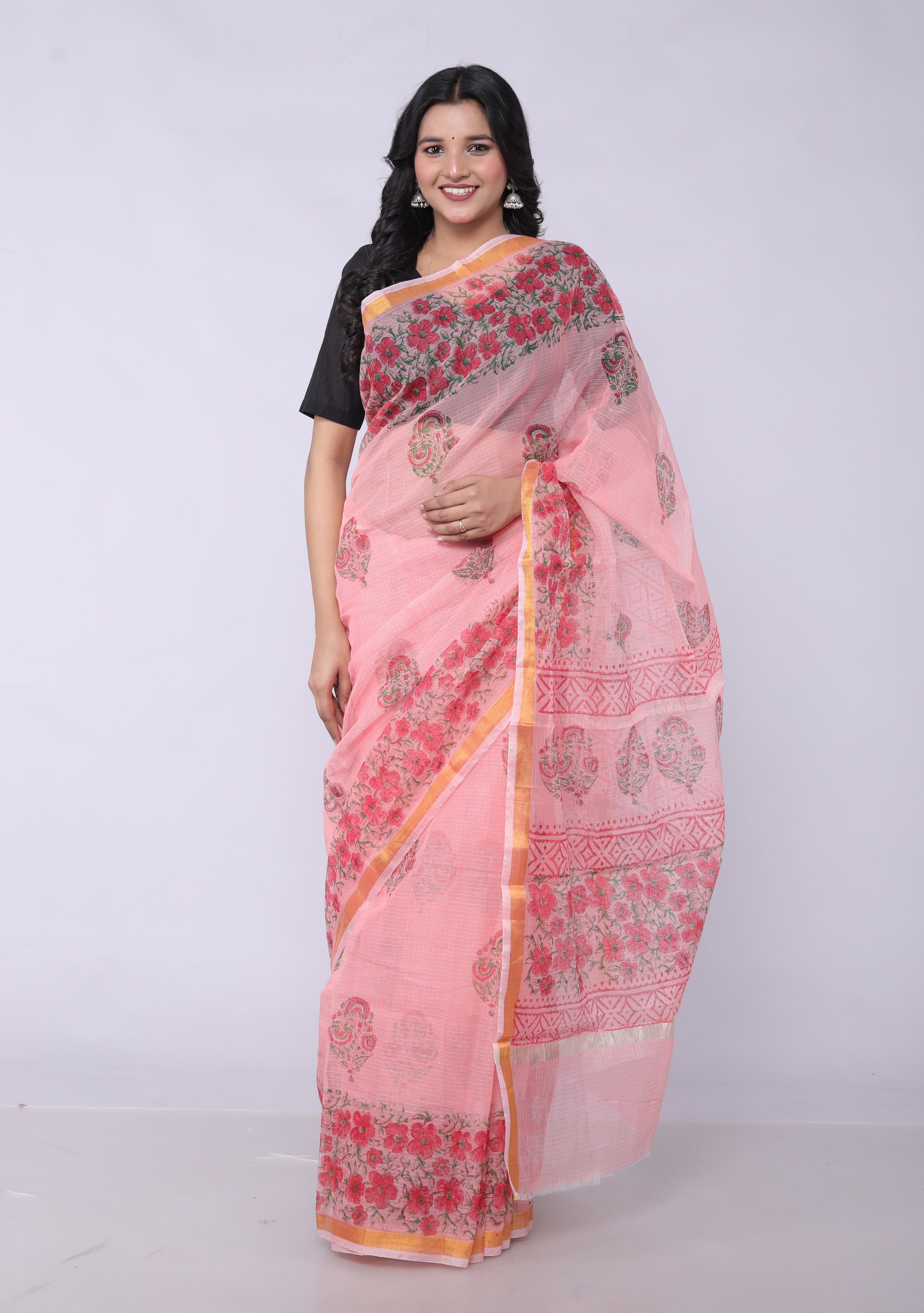 RAJGLOBAL Kota Doria Hand Block Printed Saree with Unstitched Blouse Pink