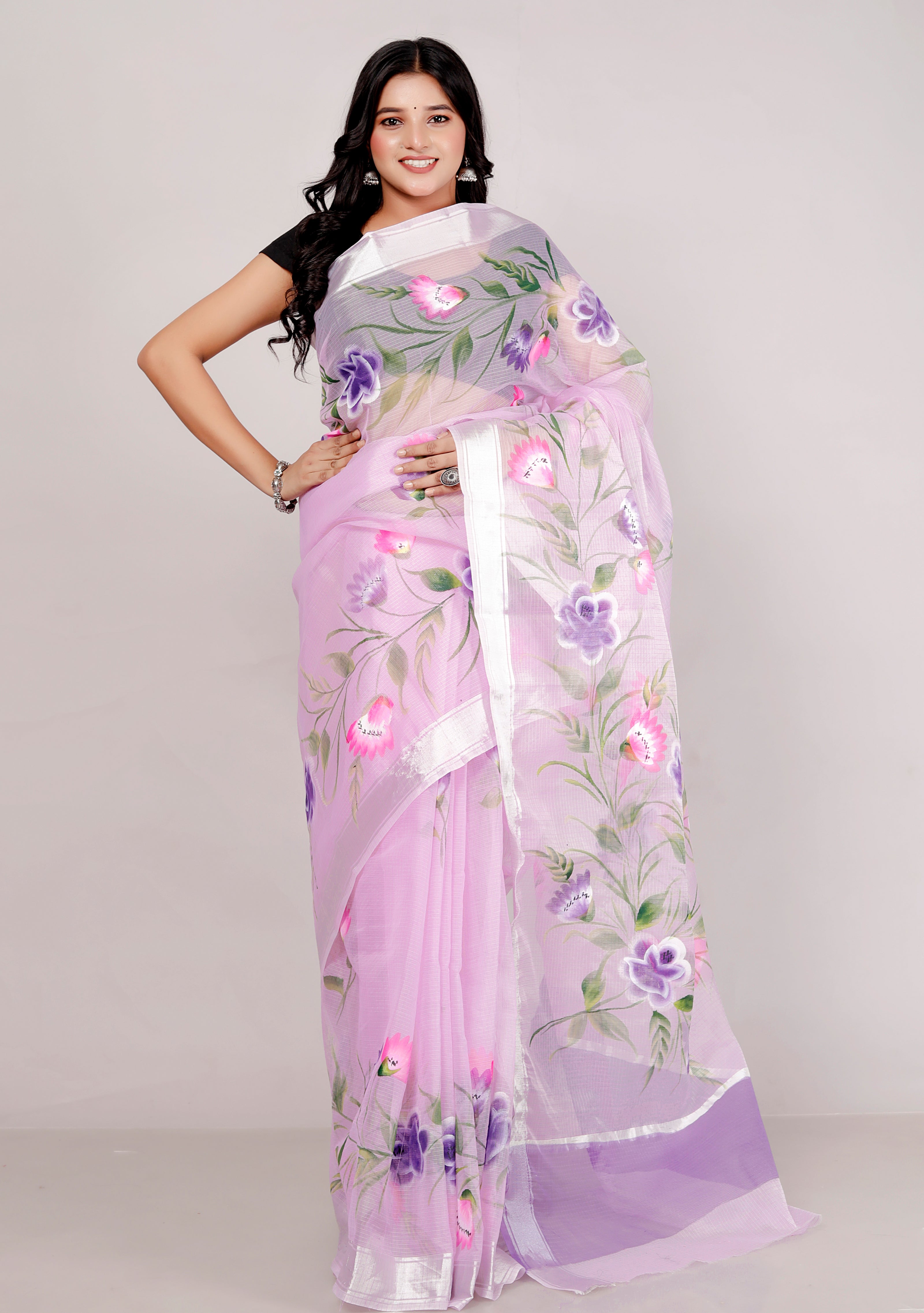 RAJGLOBAL Kota Doria Hand Painting Saree cotton blend_blue (purple)