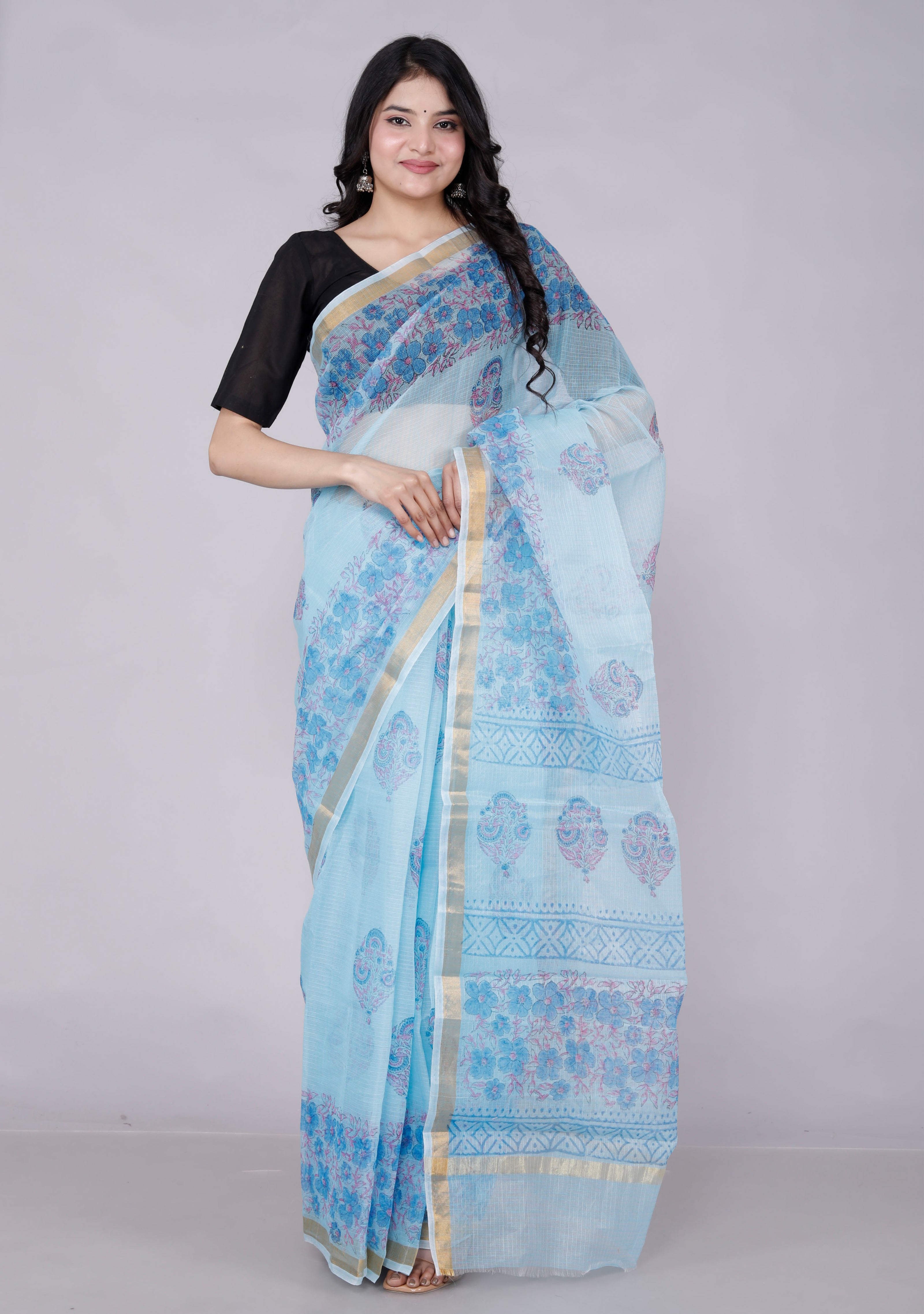 RAJGLOBAL Kota Doria Hand Block Printed Saree with Unstitched Blouse Sky Blue Design 1