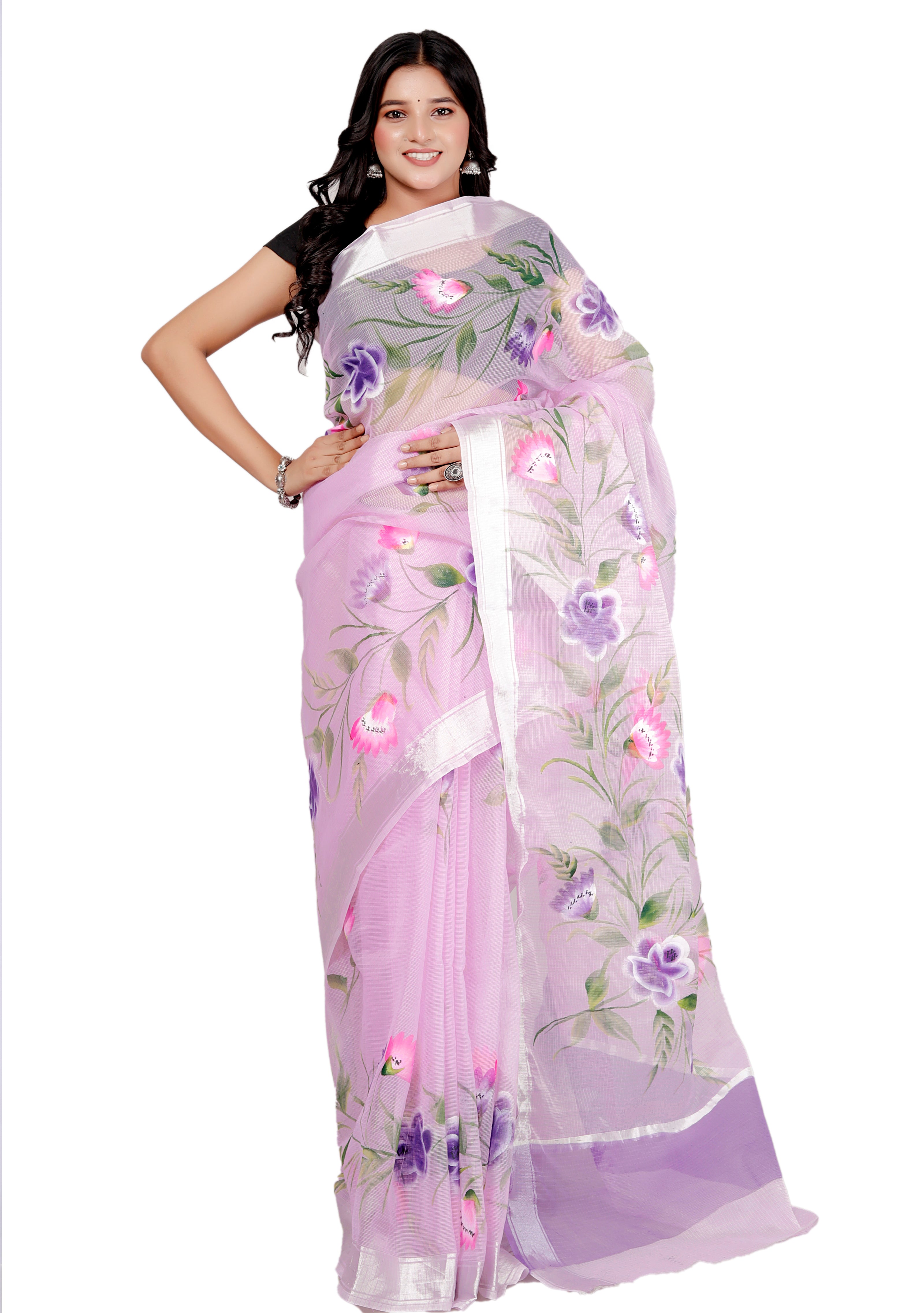 RAJGLOBAL Kota Doria Hand Painting Saree cotton blend_blue (blue)