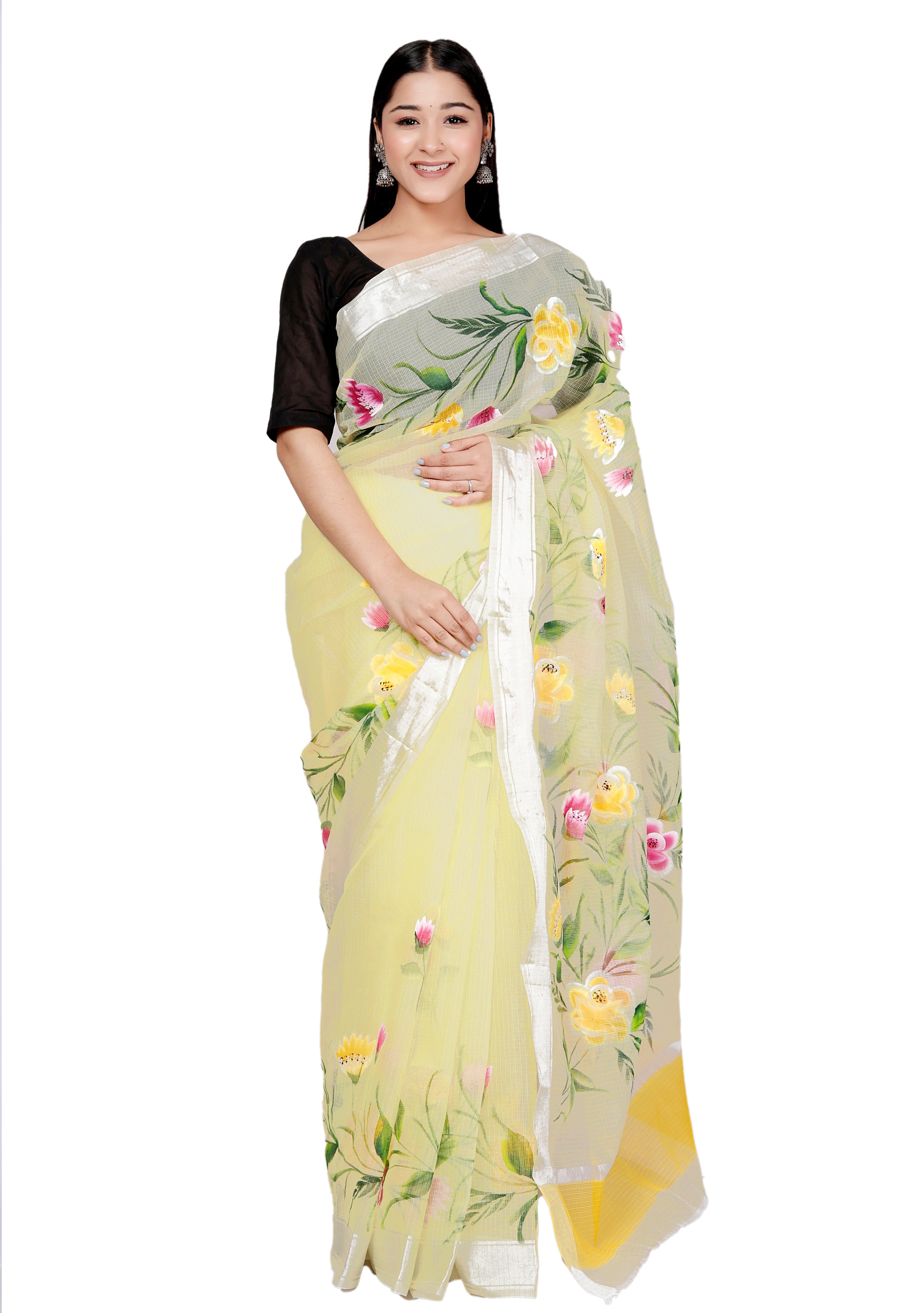 RAJGLOBAL Kota Doria Hand Painting Saree cotton blend_blue (purple)