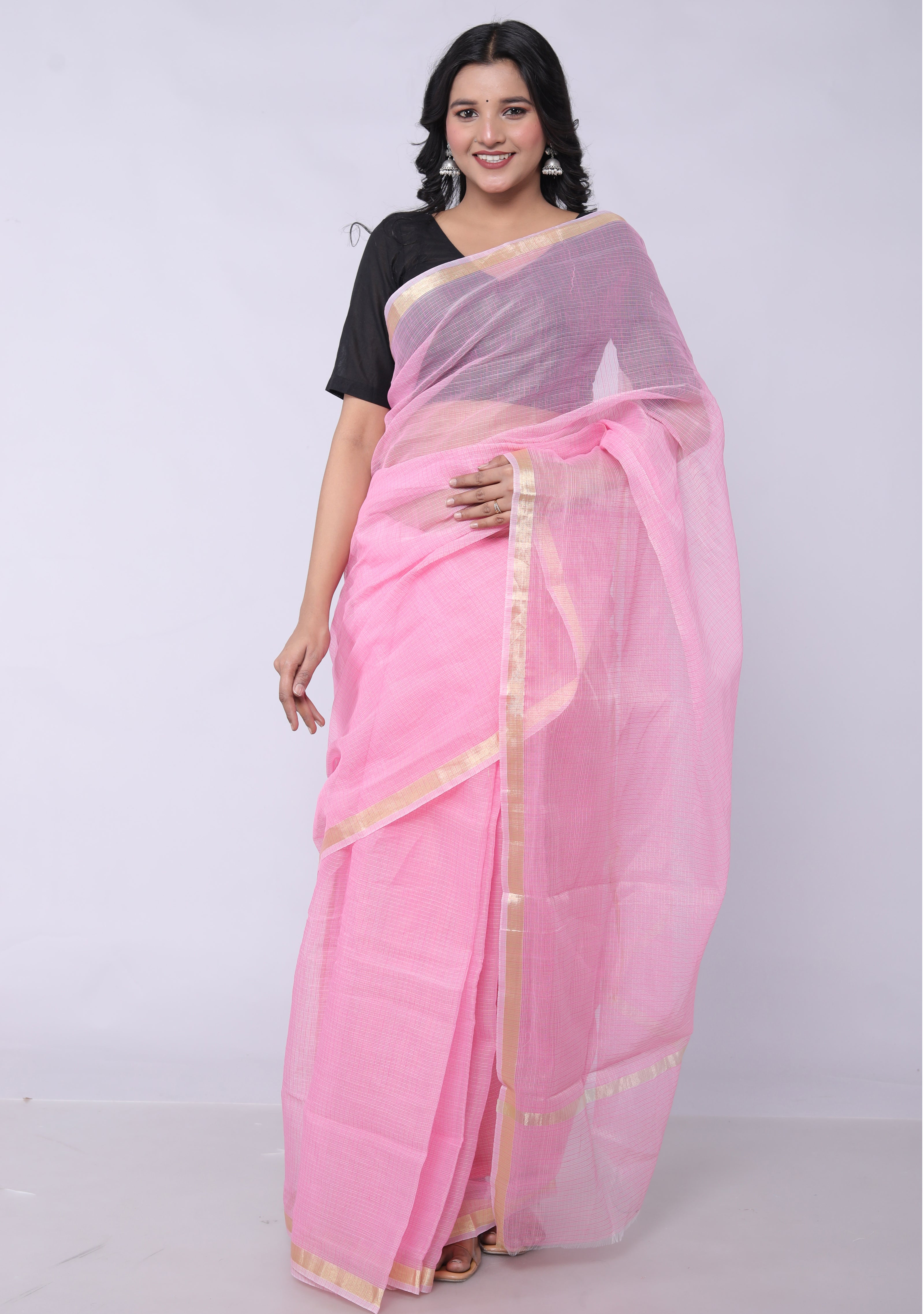 RAJGLOBAL Women's Plain Kota Doria Cotton blend Saree With Unstiched Blouse Piece bright zari