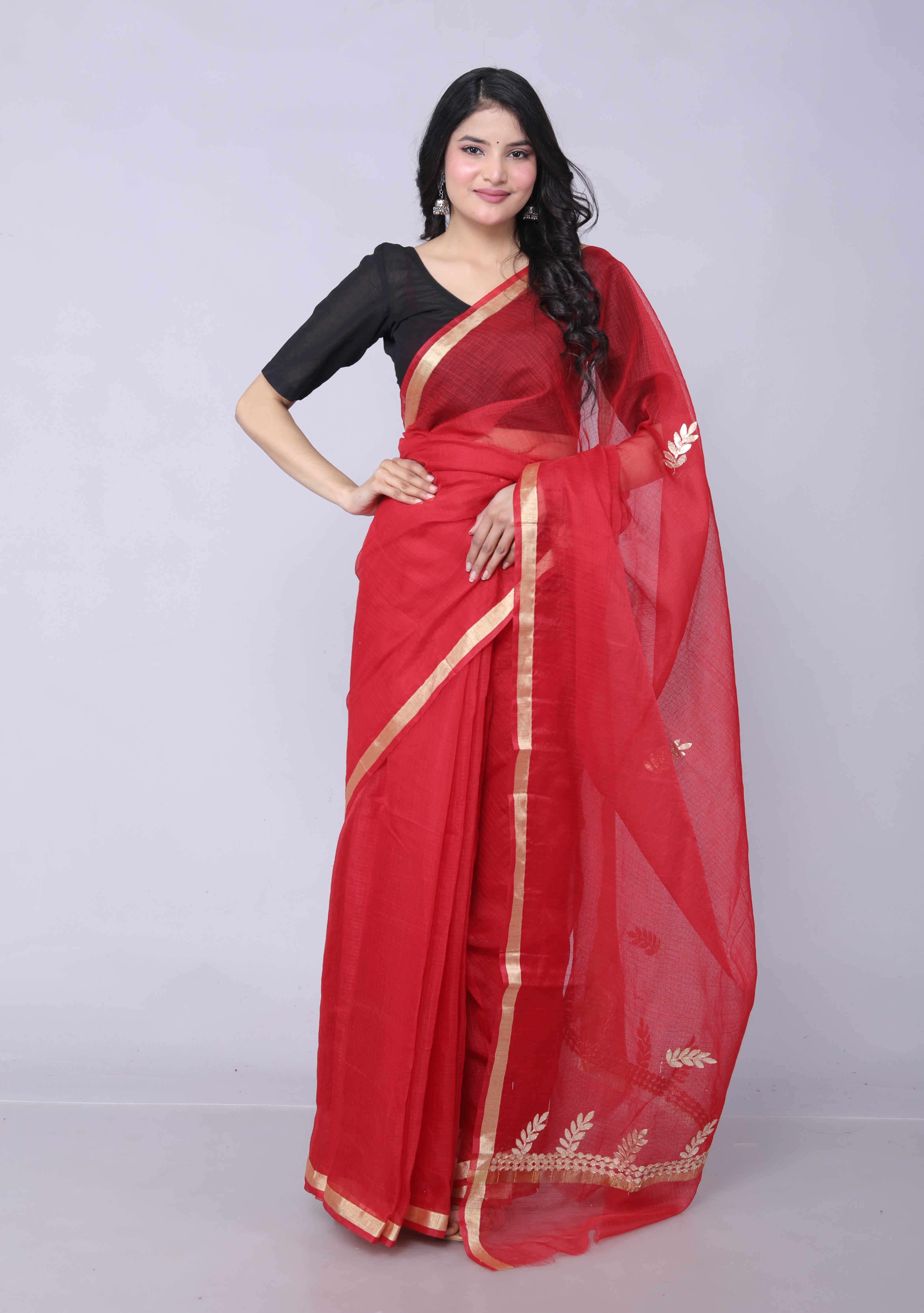 RAJGLOBAL Kota Doria Gota Patti Saree with Unstitched Blouse Yellow