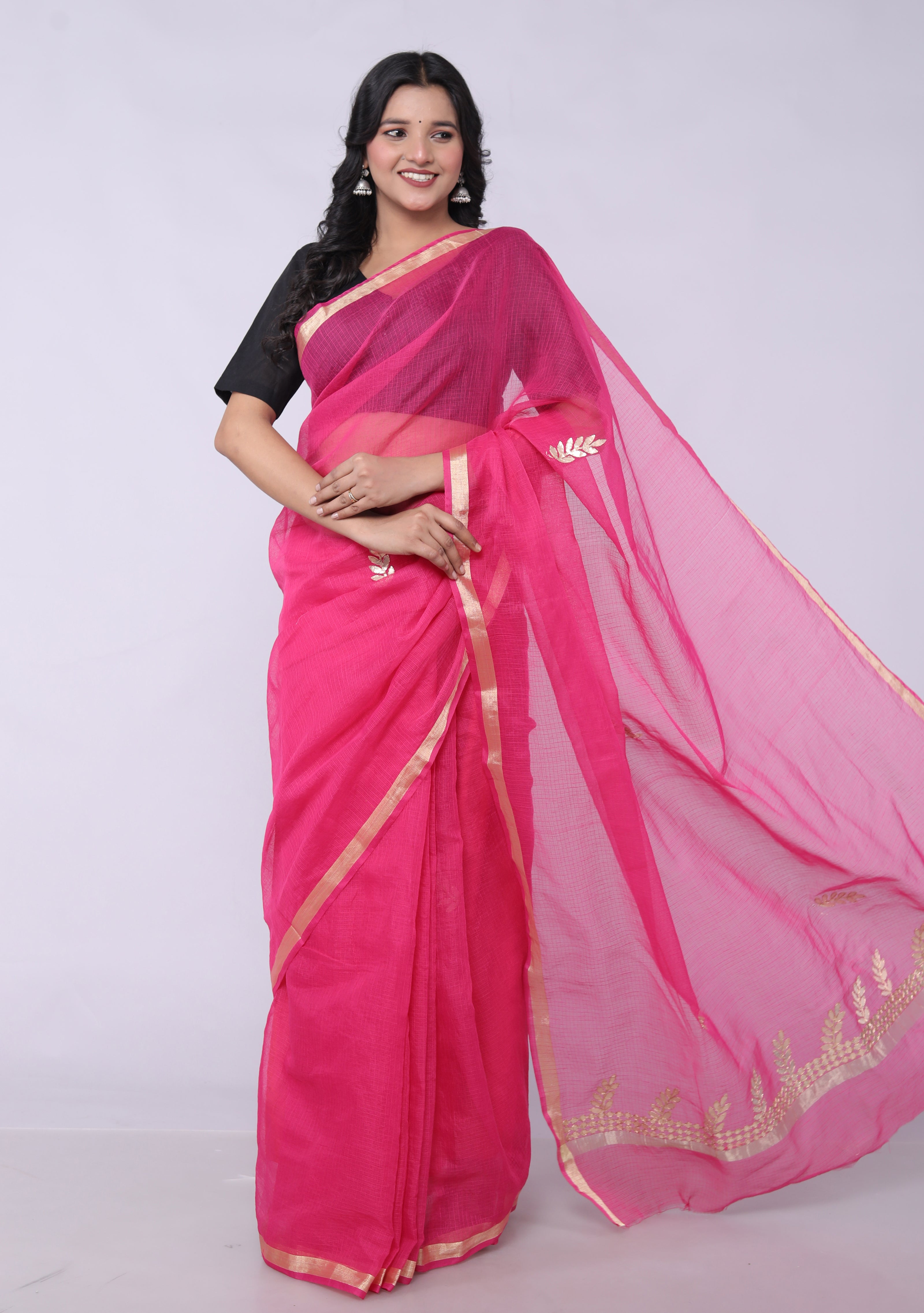 RAJGLOBAL Kota Doria Gota Patti Saree with Unstitched Blouse Yellow