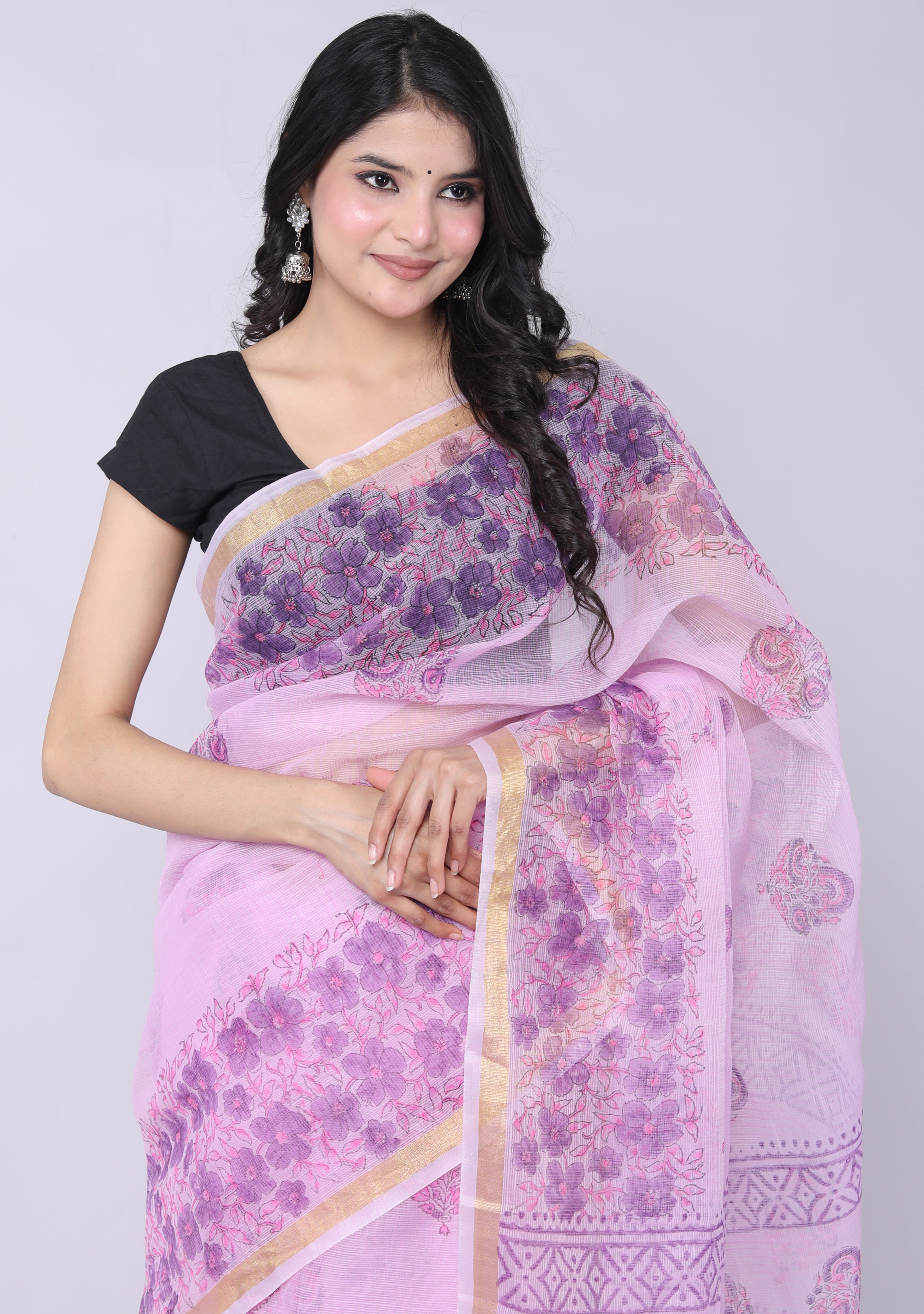 RAJGLOBAL Kota Doria Hand Block Printed Saree with Unstitched Blouse Purple Design 2
