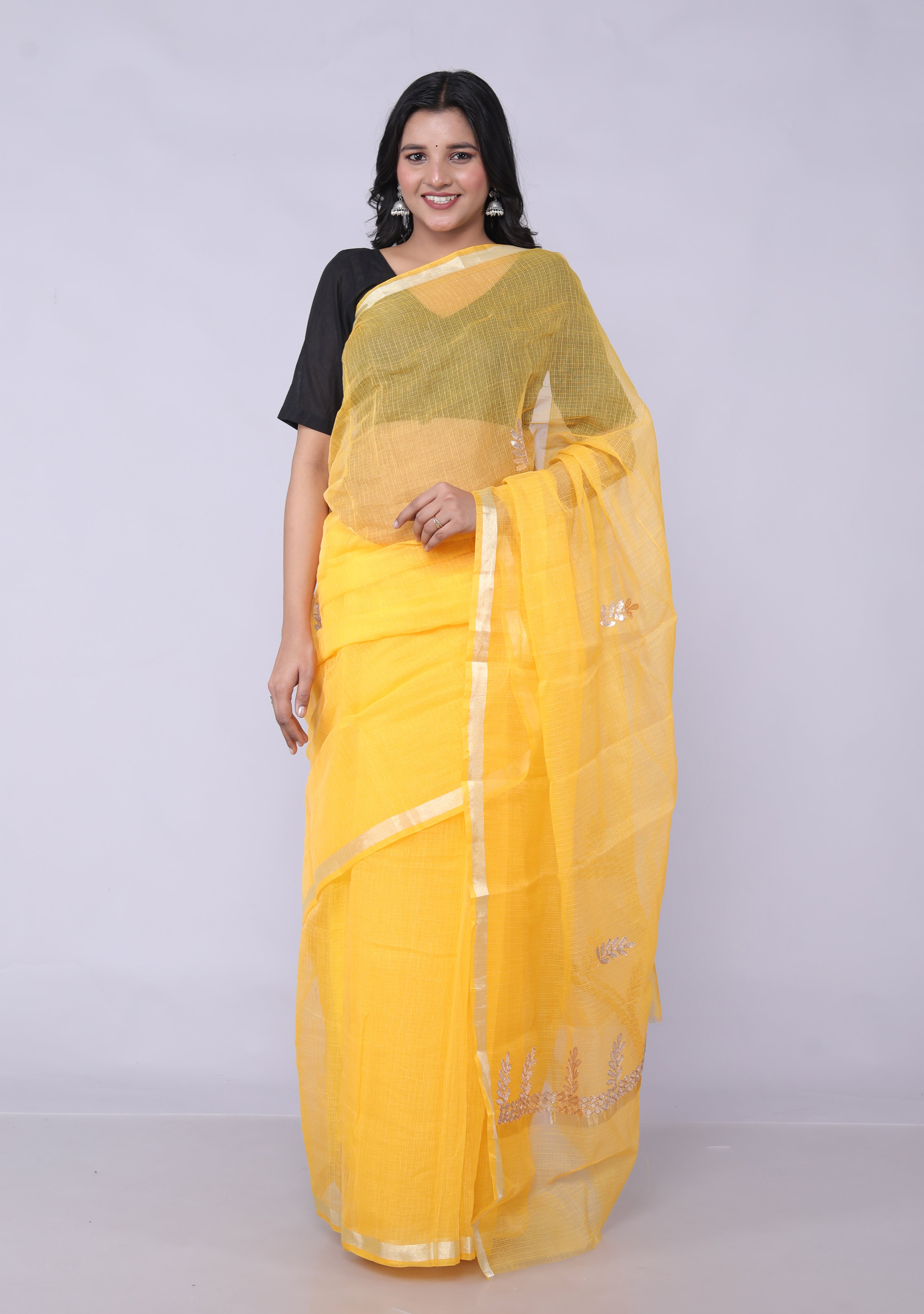 RAJGLOBAL Kota Doria Gota Patti Saree with Unstitched Blouse Yellow