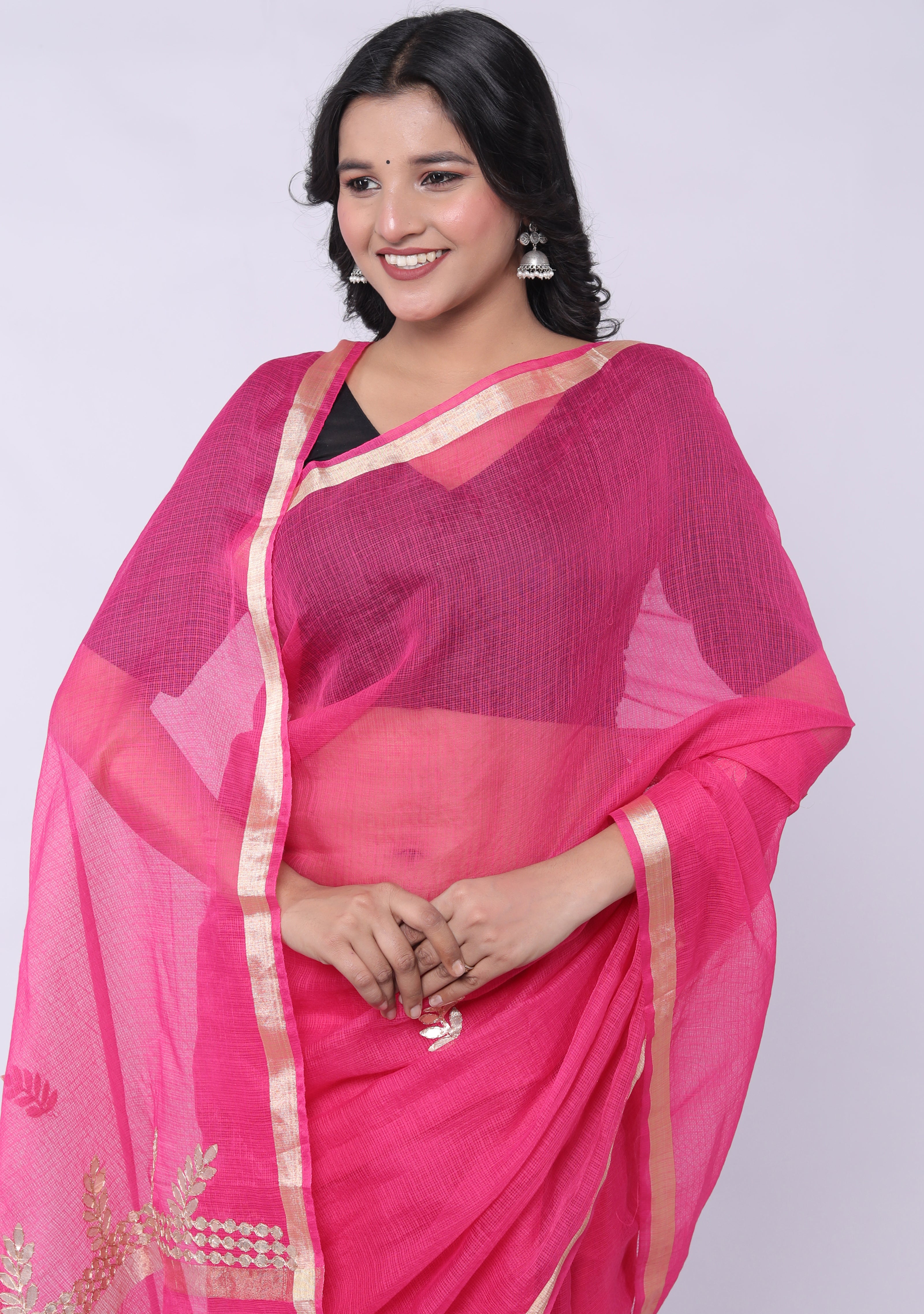 RAJGLOBAL Kota Doria Gota Patti Saree with Unstitched Blouse Pink