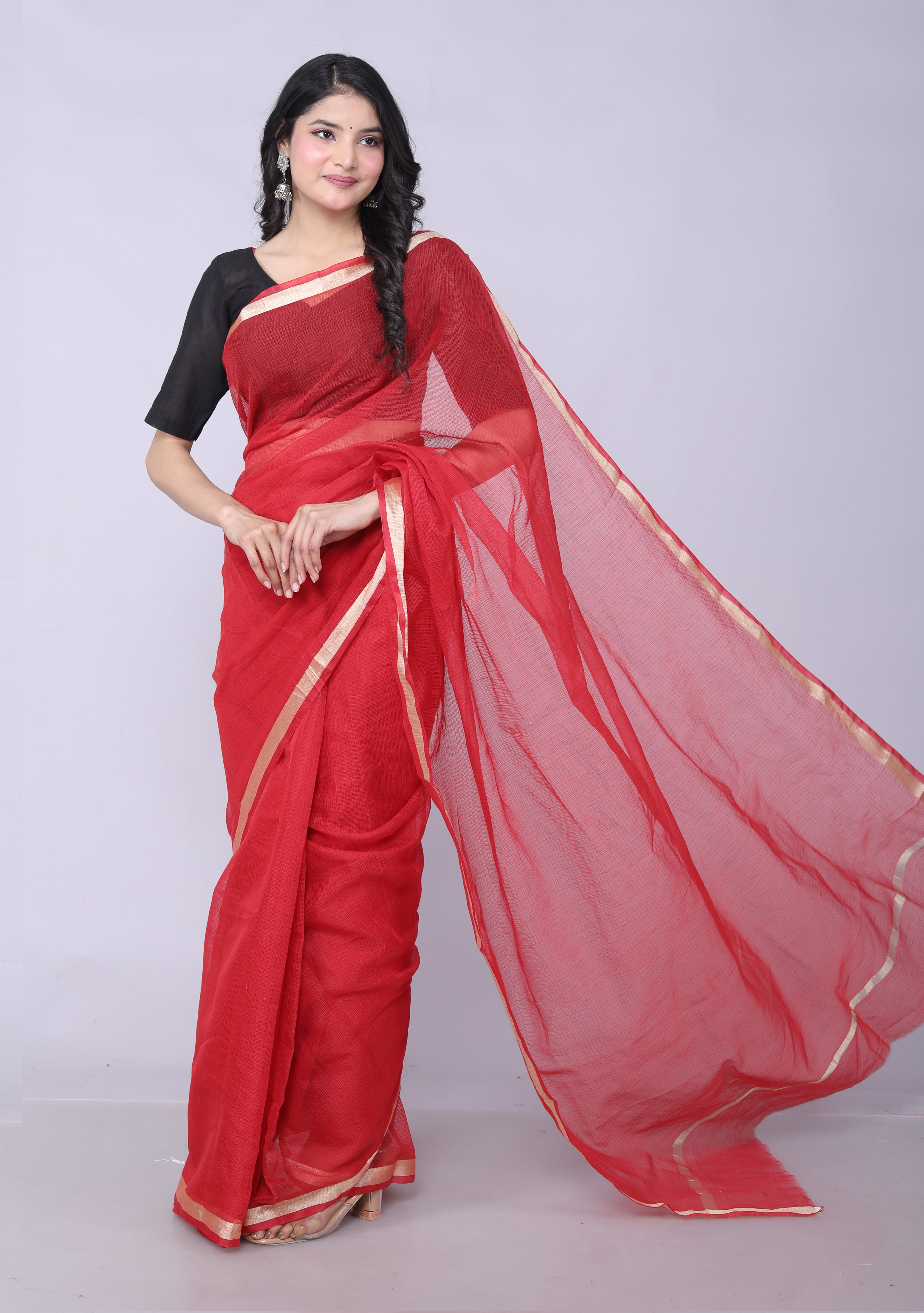 RAJGLOBAL Women's Plain Kota Doria Pure Cotton Saree with Unstiched Blouse Piece Red