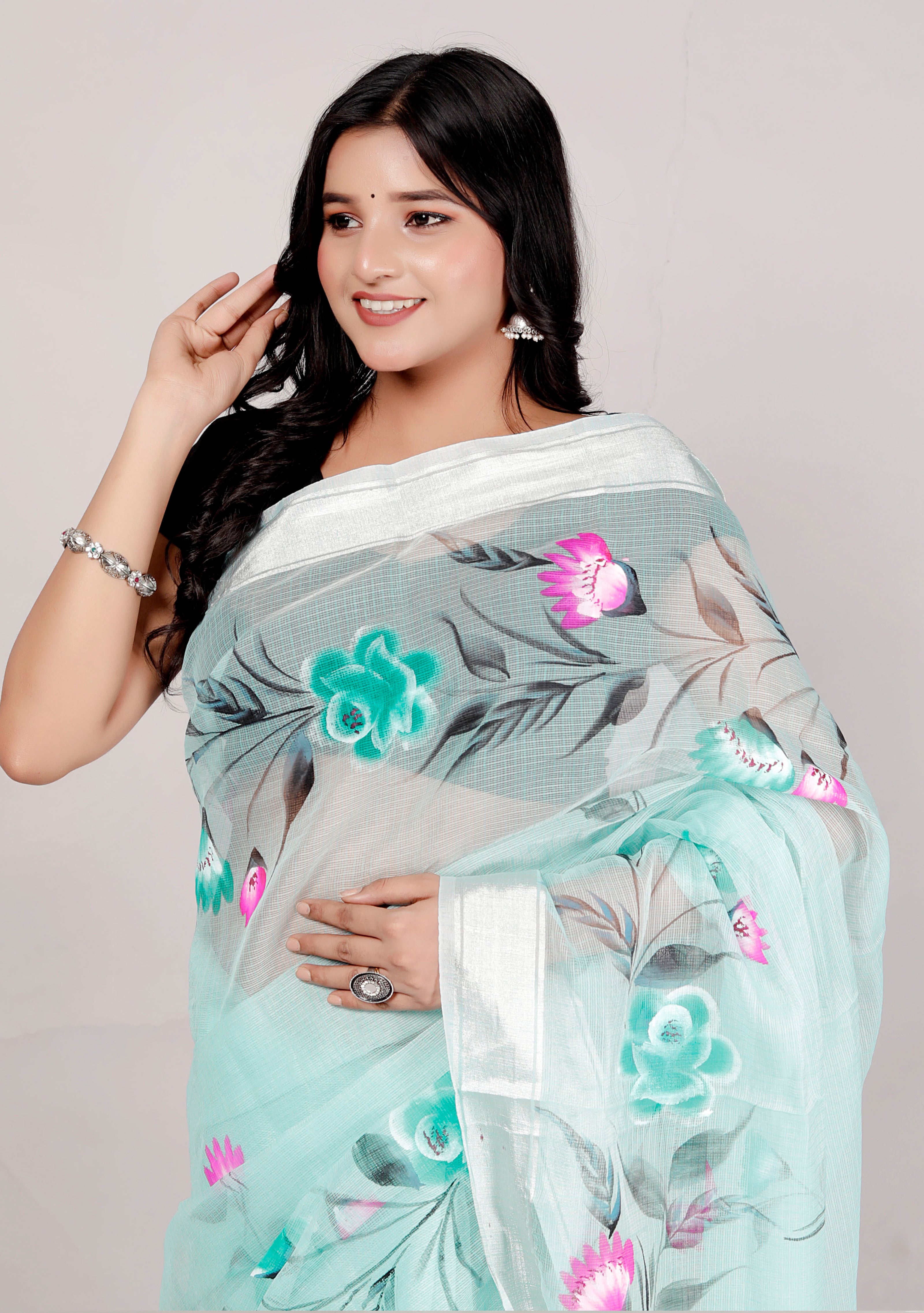 RAJGLOBAL Kota Doria Hand Painting Saree cotton blend_blue (Lavender Green)