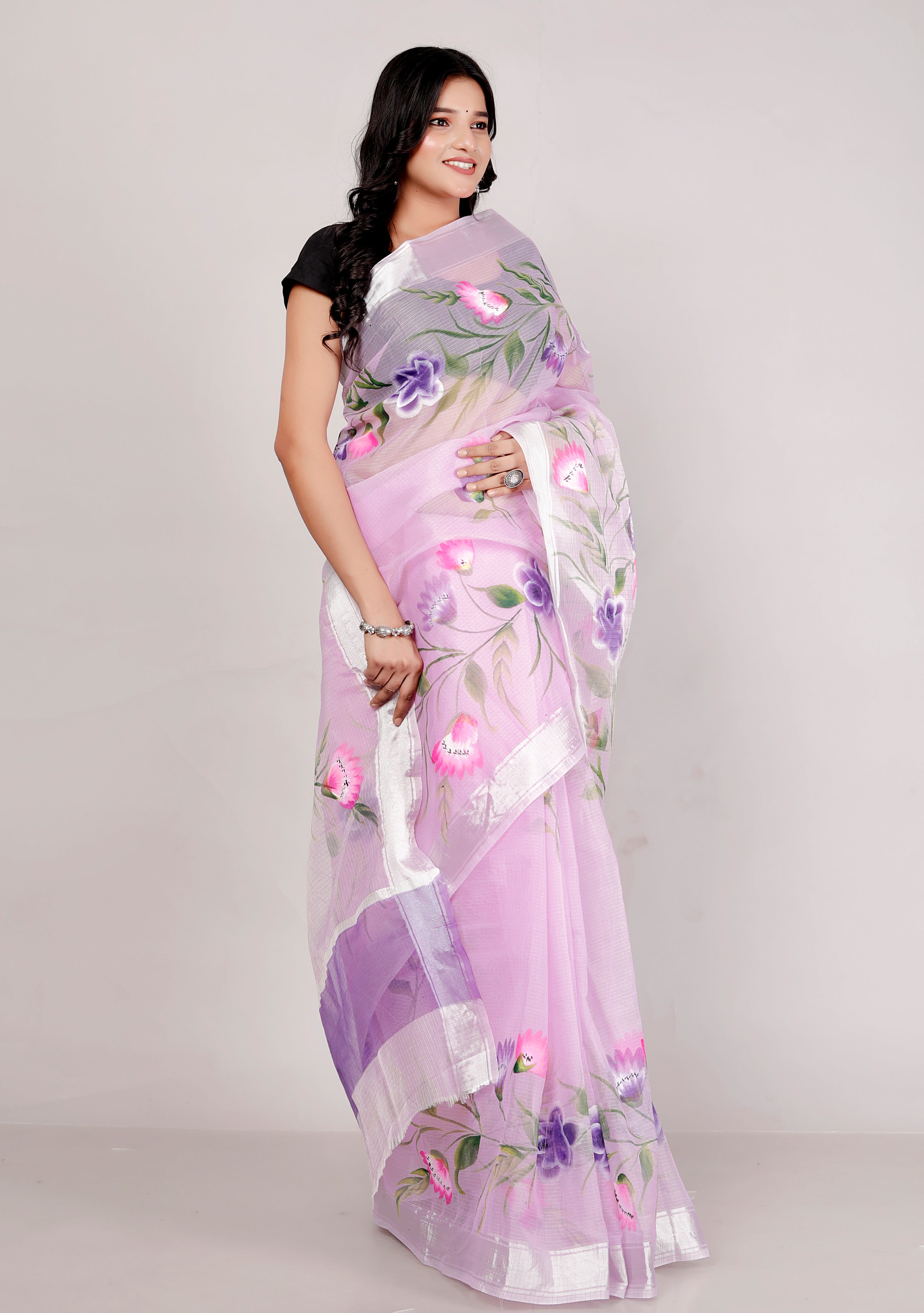 RAJGLOBAL Kota Doria Hand Painting Saree cotton blend_blue (purple)