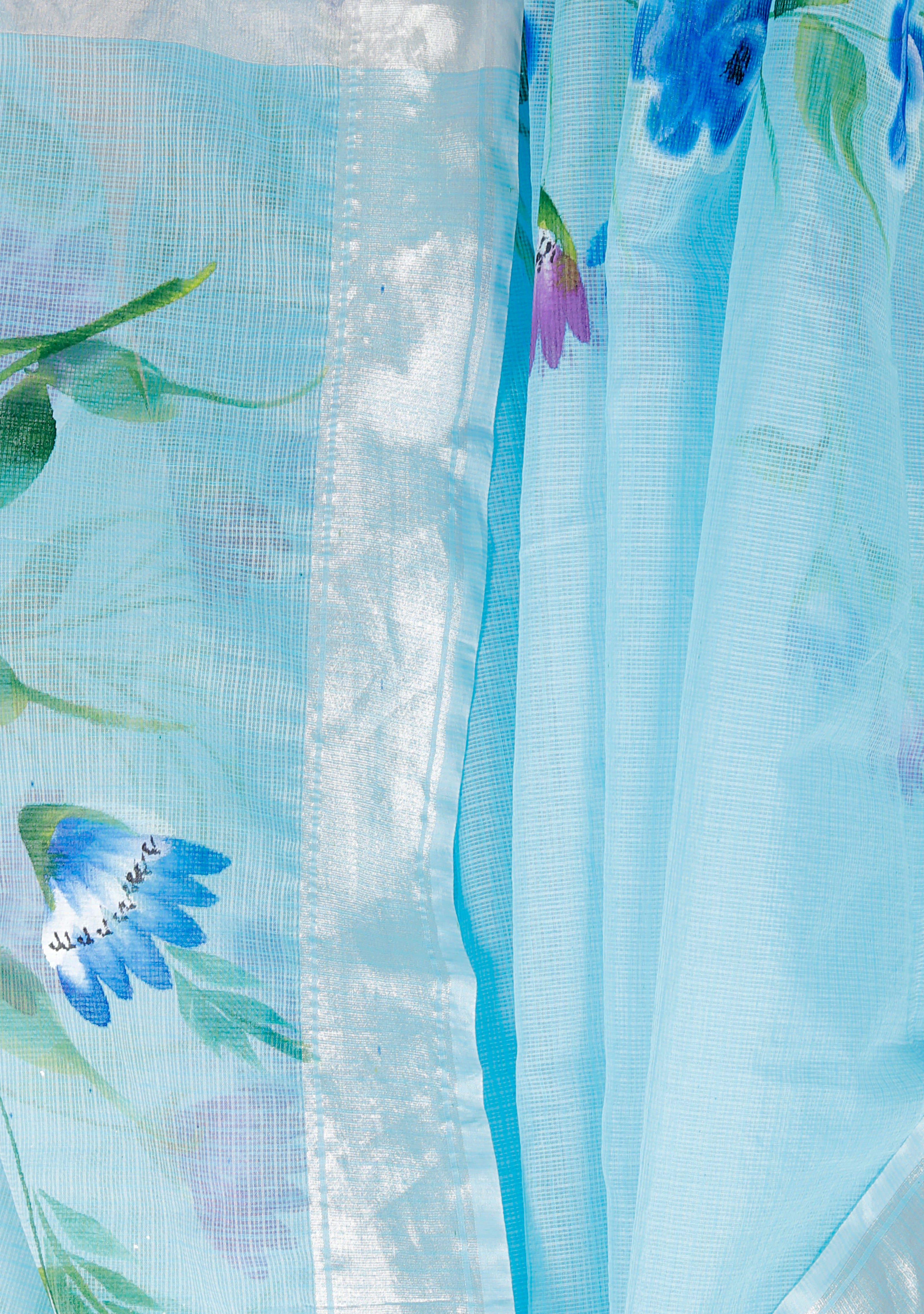 RAJGLOBAL Kota Doria Hand Painting Saree cotton blend_blue (blue)