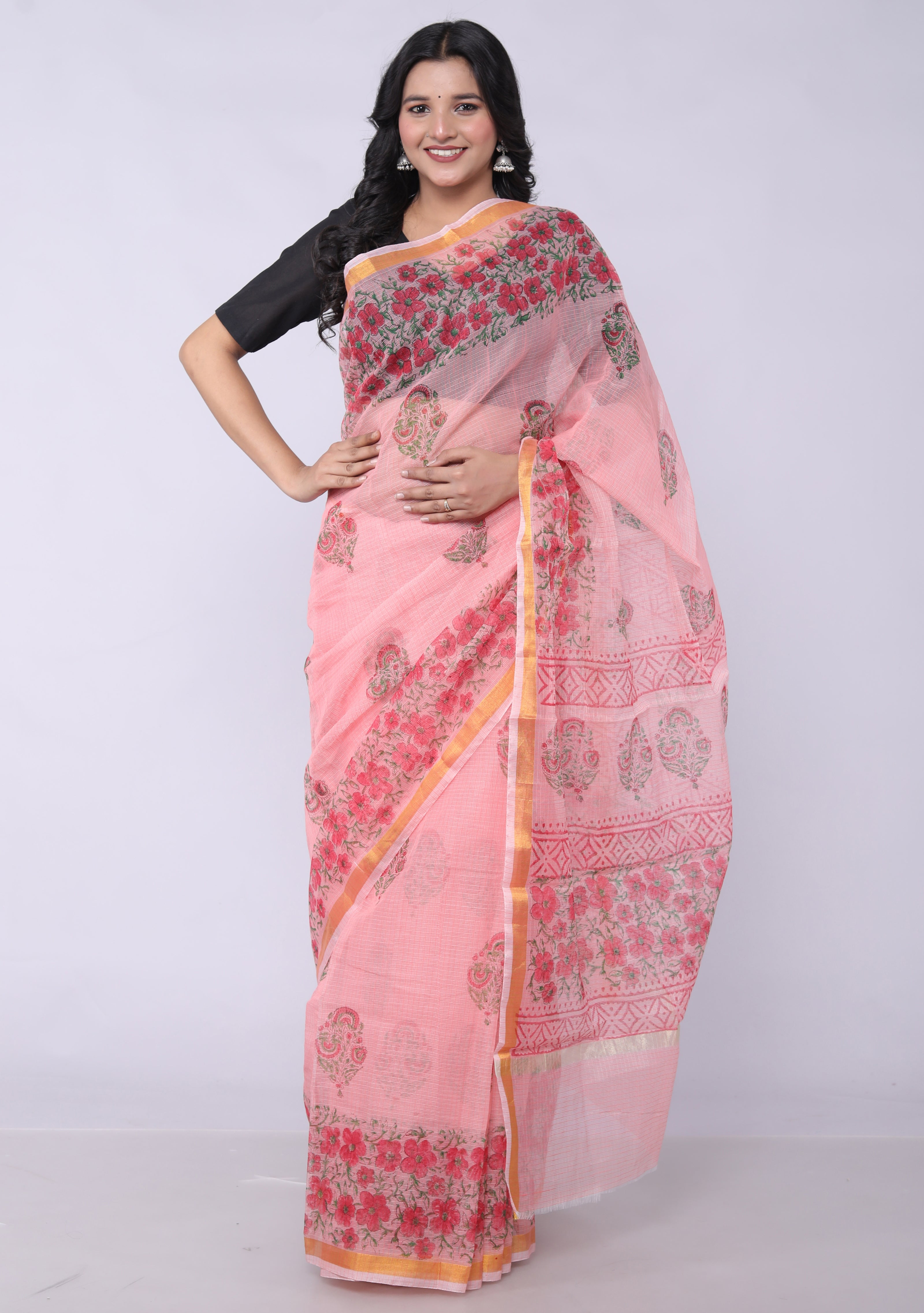 RAJGLOBAL Kota Doria Hand Block Printed Saree with Unstitched Blouse Pink