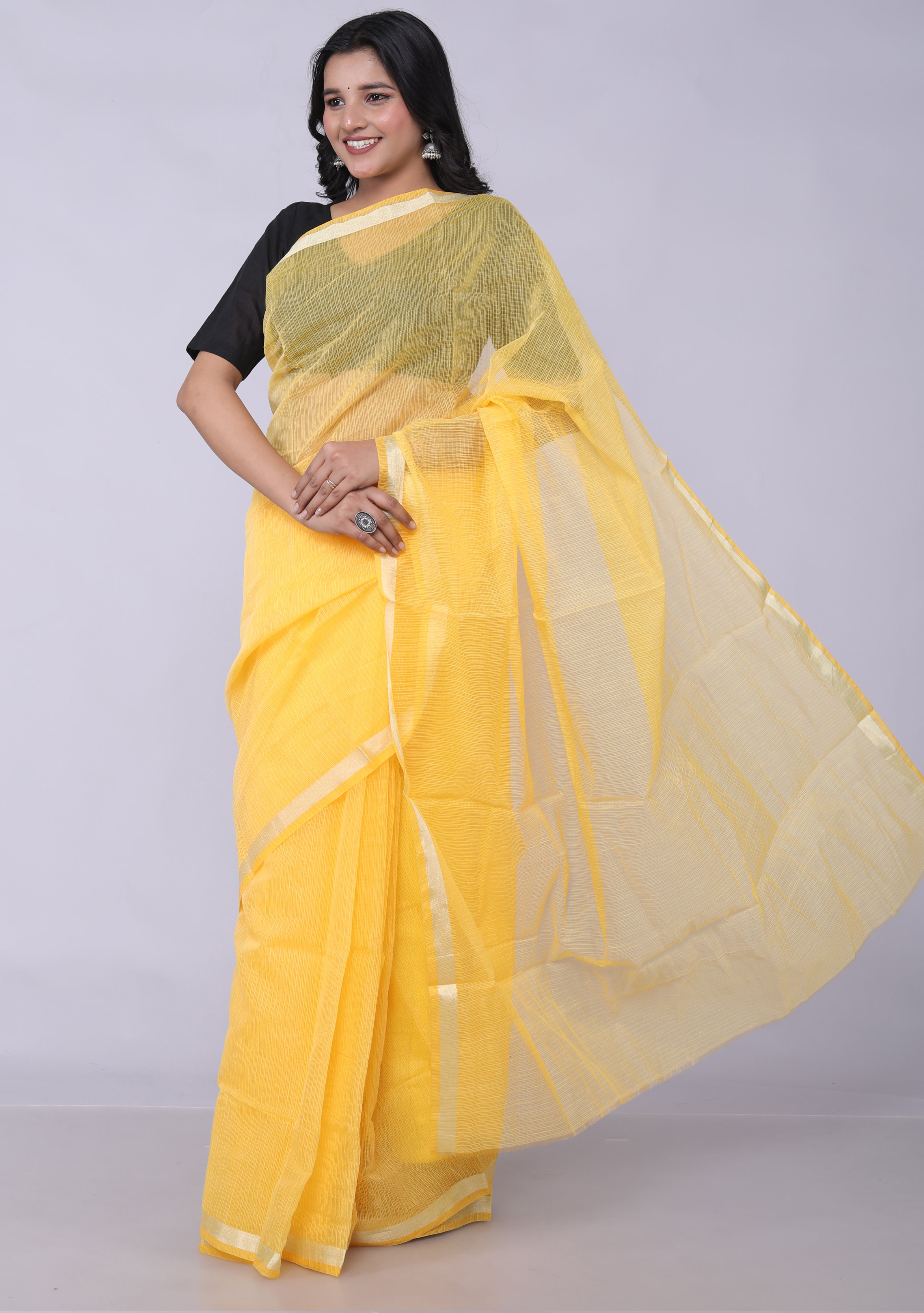 RAJGLOBAL Women's Plain Kota Doria Pure Cotton Saree with Unstiched Blouse Piece Yellow