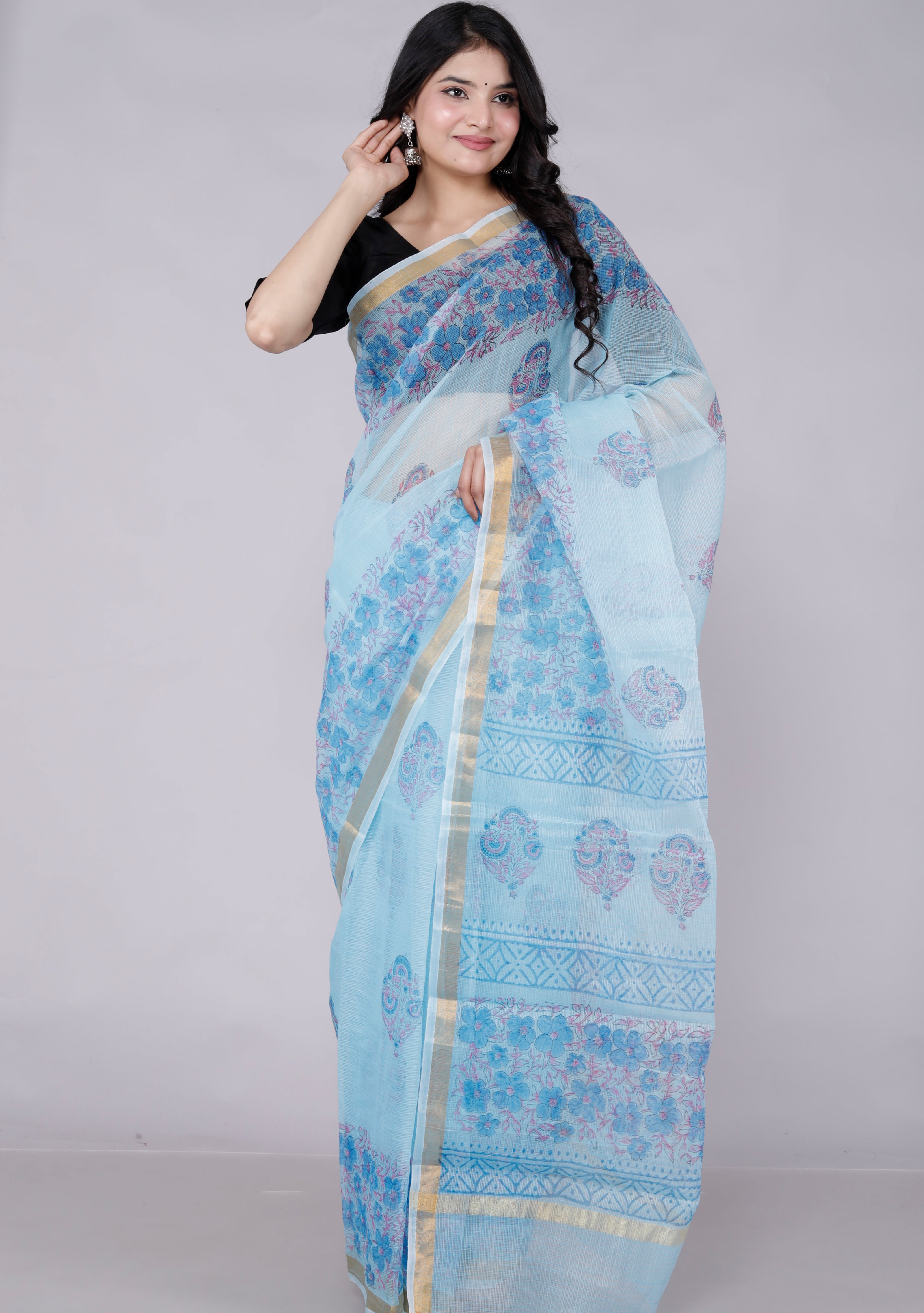 RAJGLOBAL Kota Doria Hand Block Printed Saree with Unstitched Blouse Purple Design 1