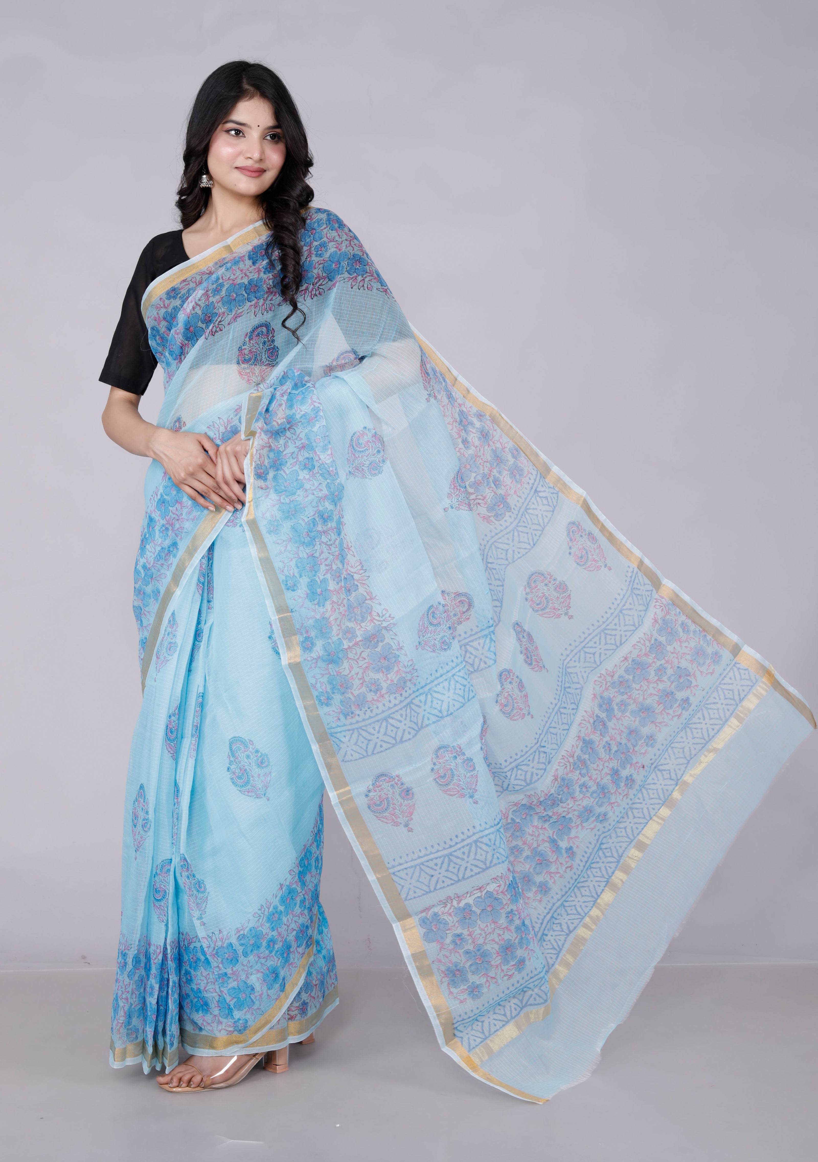 RAJGLOBAL Kota Doria Hand Block Printed Saree with Unstitched Blouse Sky Blue Design 1