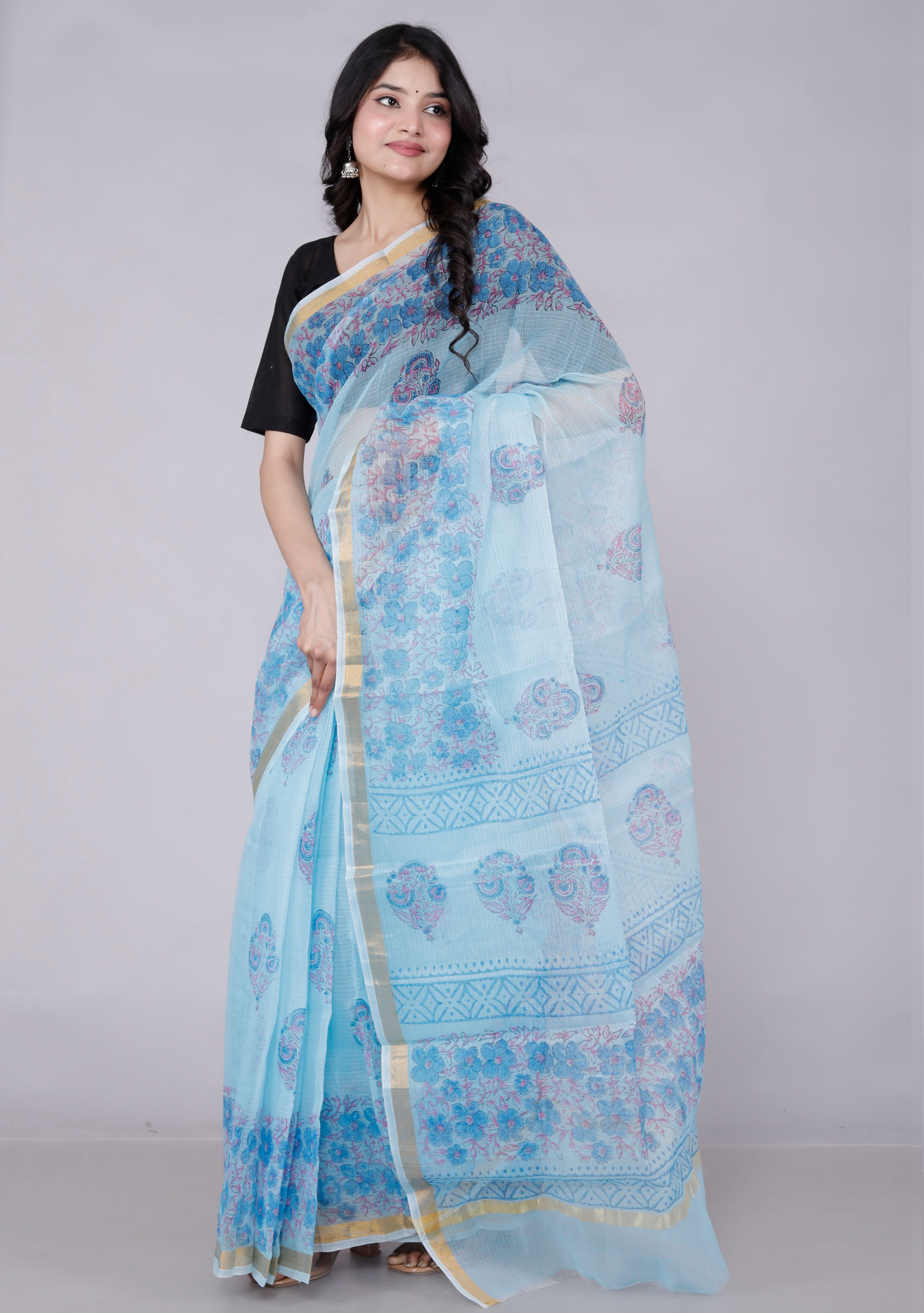RAJGLOBAL Kota Doria Hand Block Printed Saree with Unstitched Blouse Sky Blue Design 1