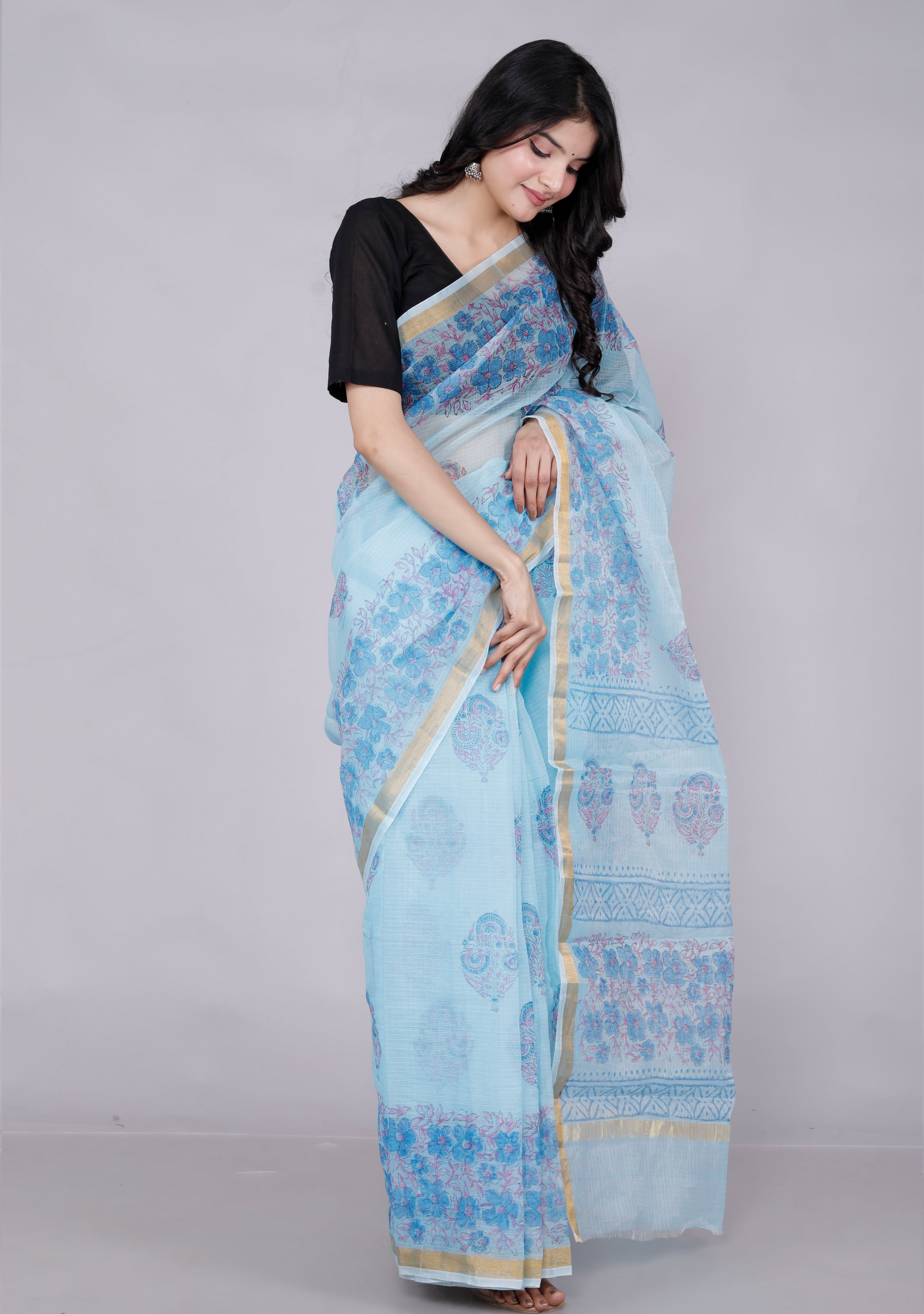 RAJGLOBAL Kota Doria Hand Block Printed Saree with Unstitched Blouse Sky Blue Design 1