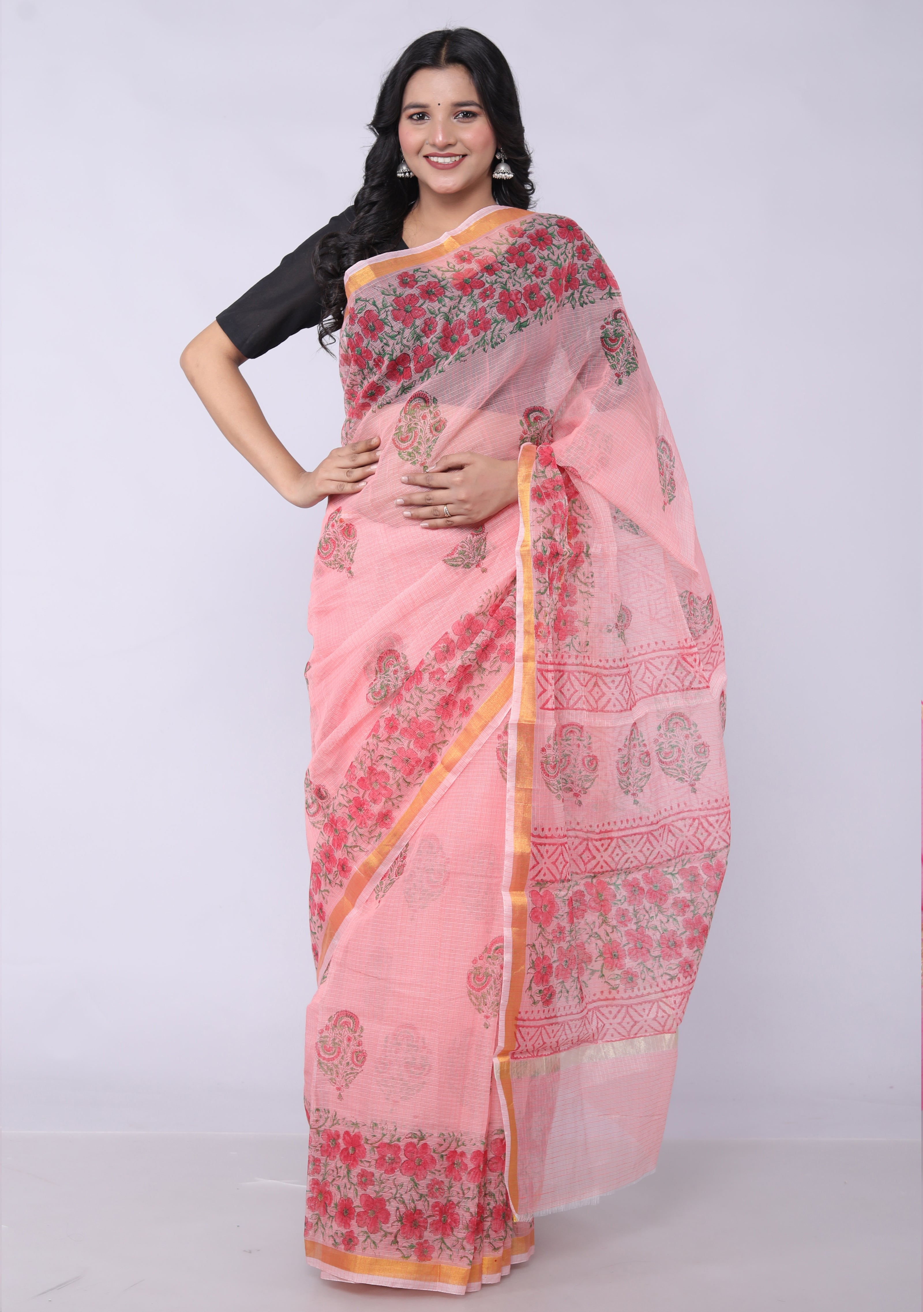 RAJGLOBAL Kota Doria Hand Block Printed Saree with Unstitched Blouse Sky Blue Design 1