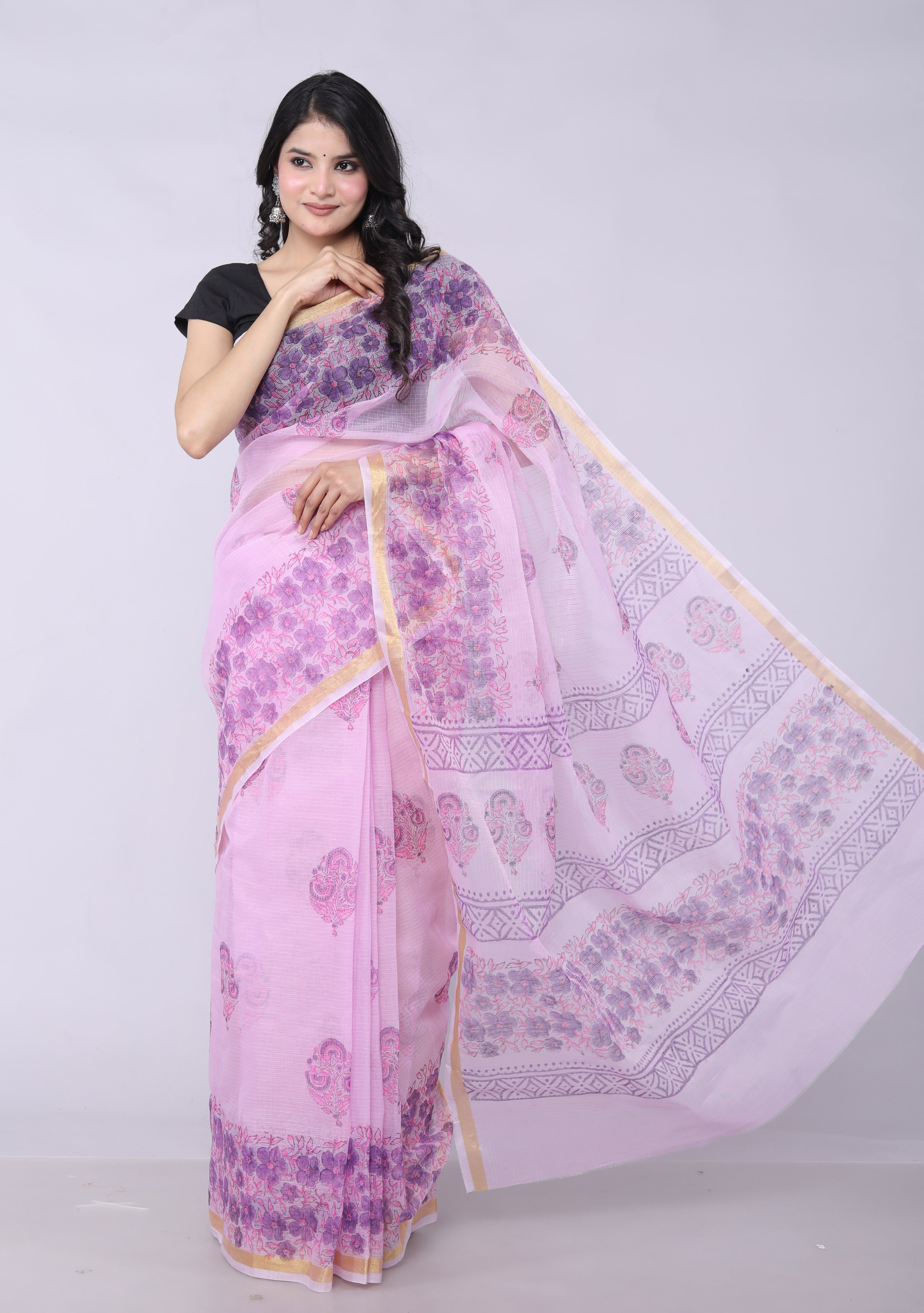 RAJGLOBAL Kota Doria Hand Block Printed Saree with Unstitched Blouse Pink