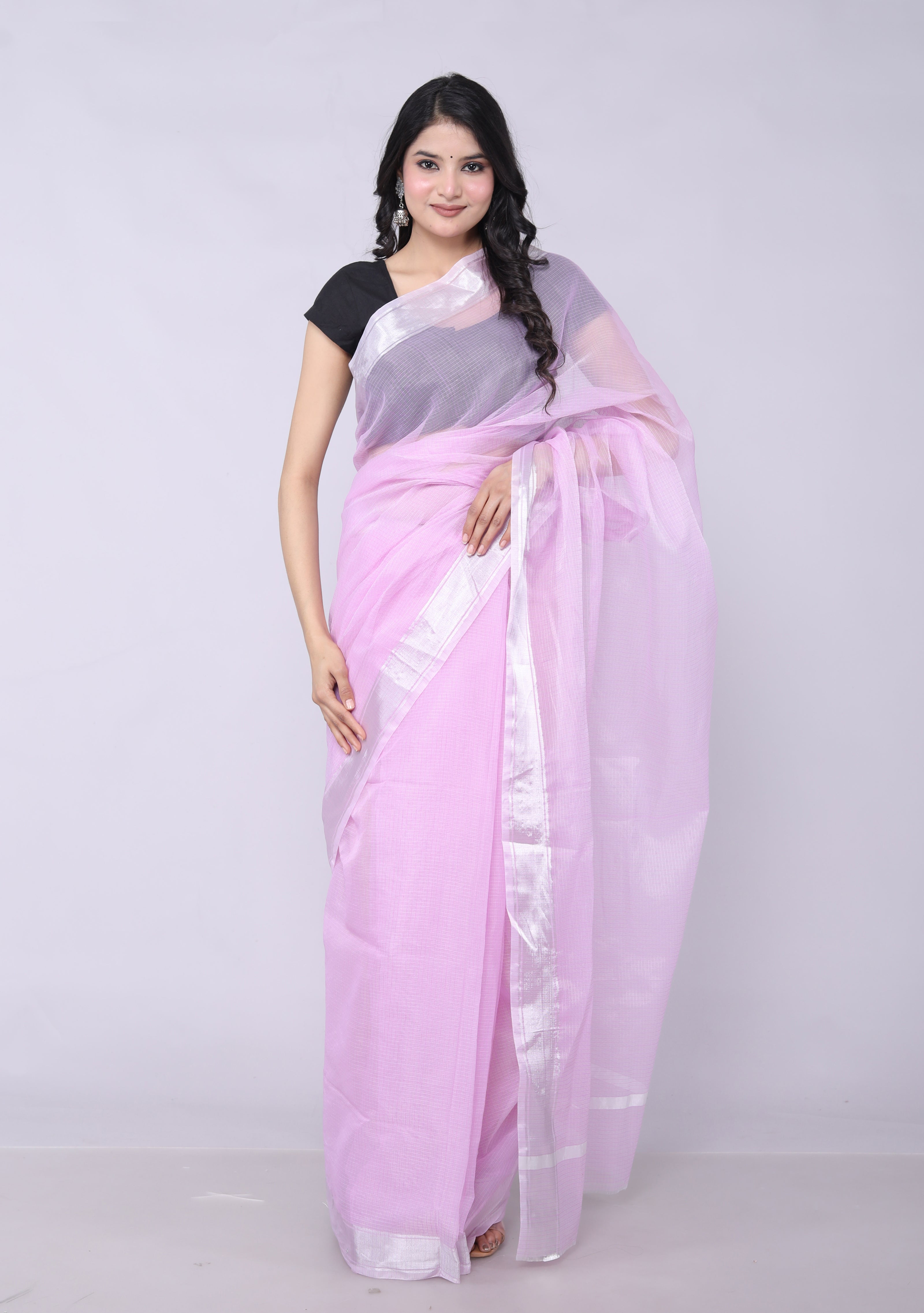 RAJGLOBAL Women's Plain Kota Doria Cotton blend Saree With Unstiched Blouse Piece bright zari