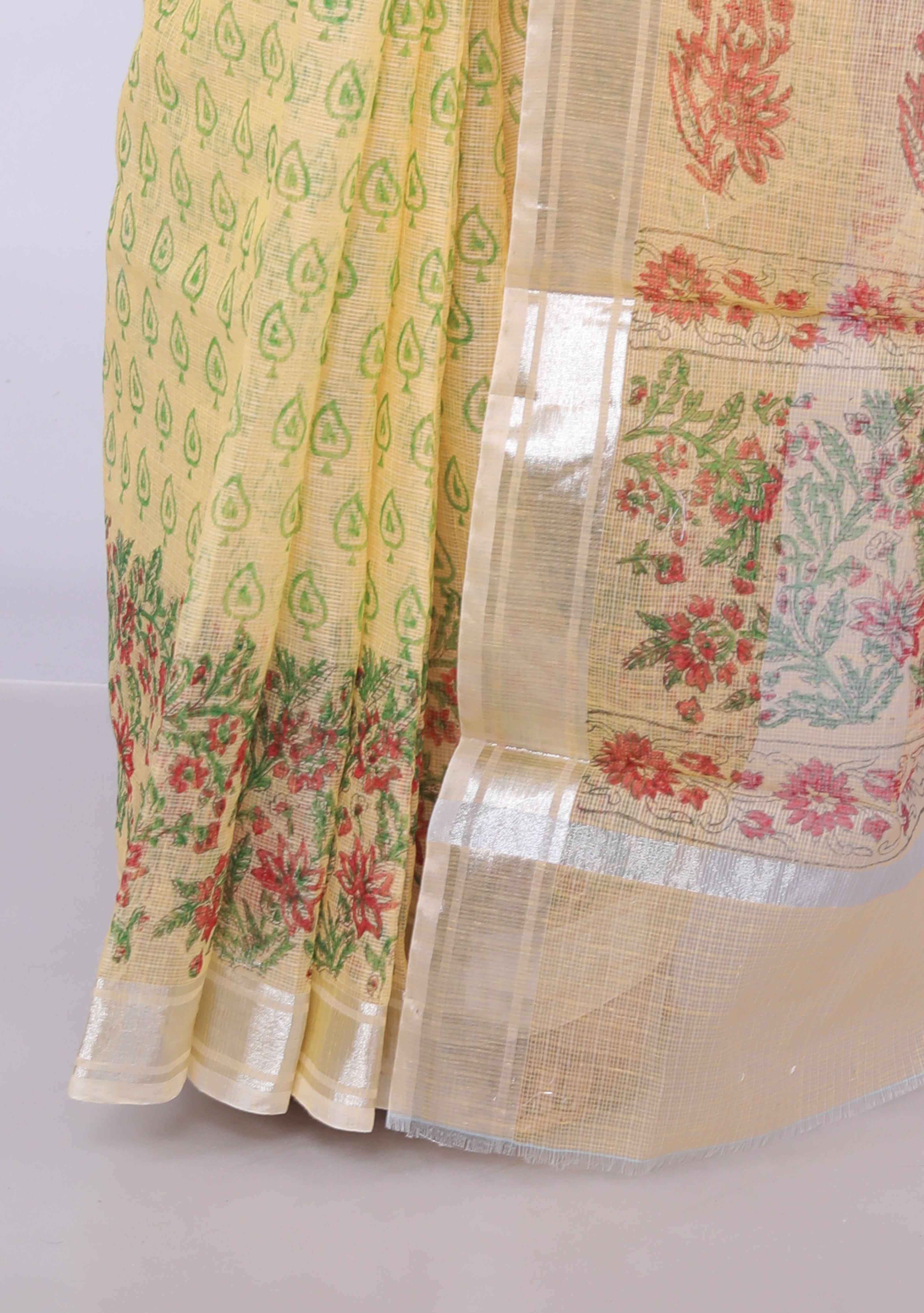 RAJGLOBAL Kota Doria Hand Block Printed Pink Saree with (yellow_greenish)