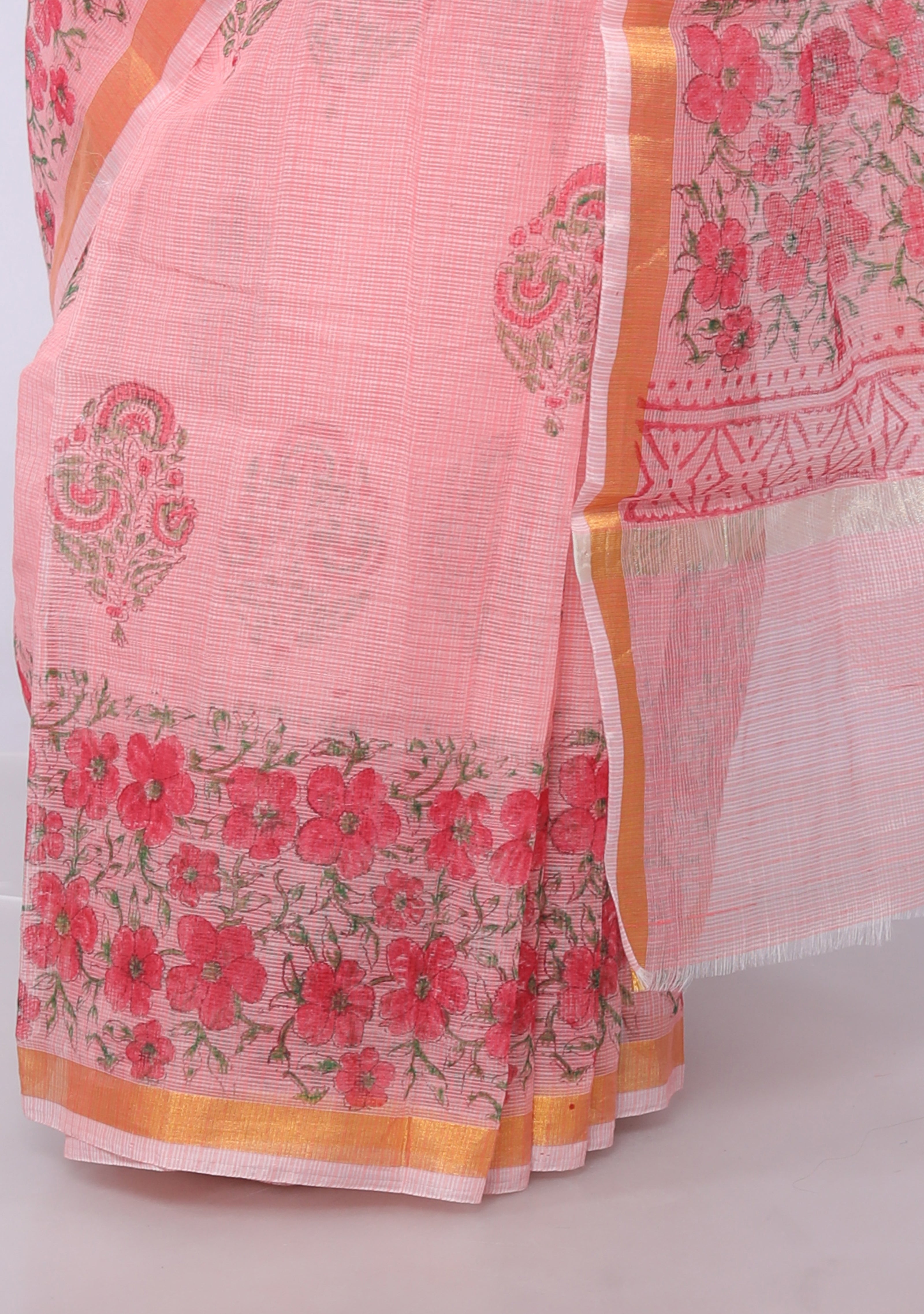 RAJGLOBAL Kota Doria Hand Block Printed Saree with Unstitched Blouse Pink