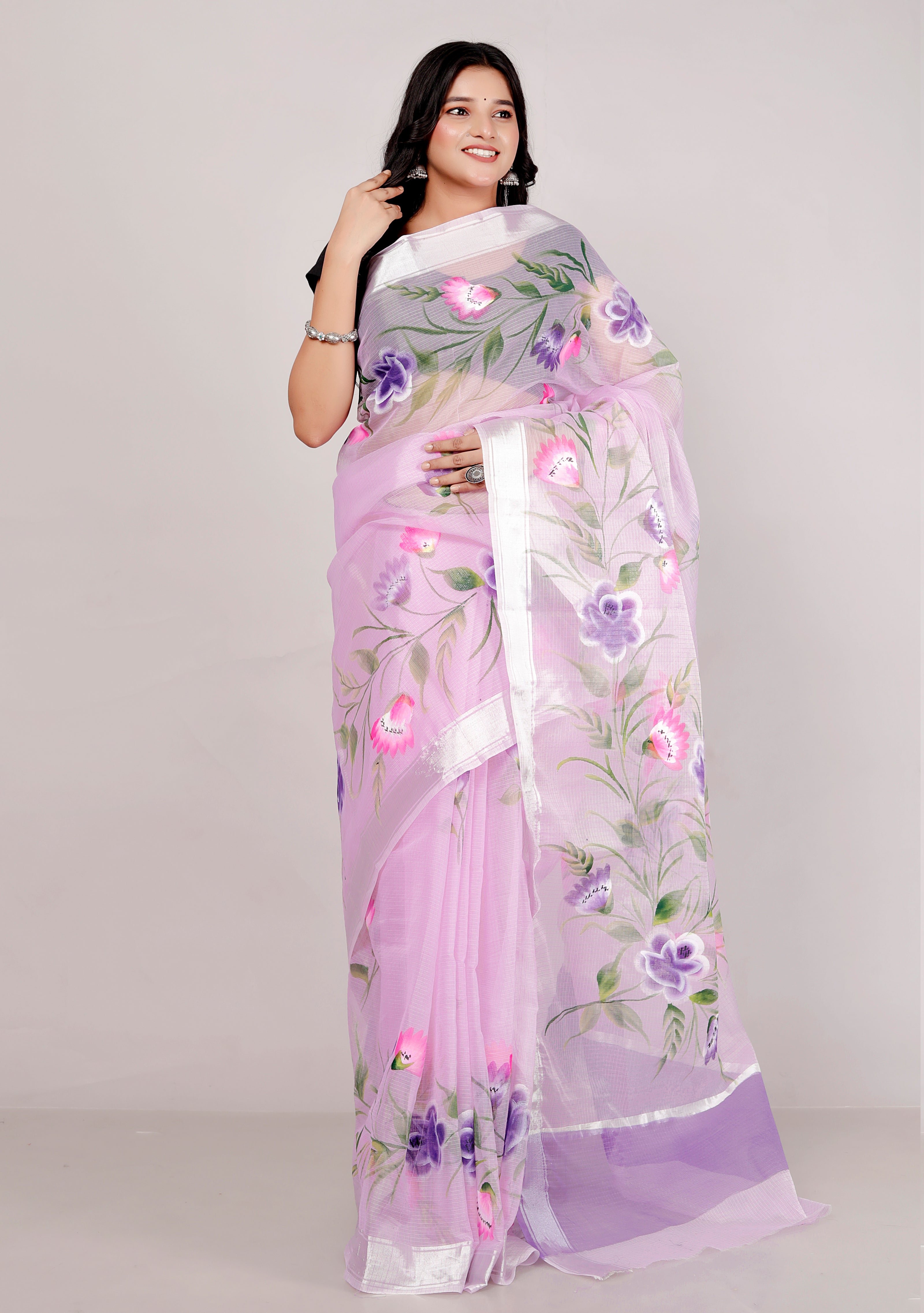 RAJGLOBAL Kota Doria Hand Painting Saree cotton blend_blue (purple)