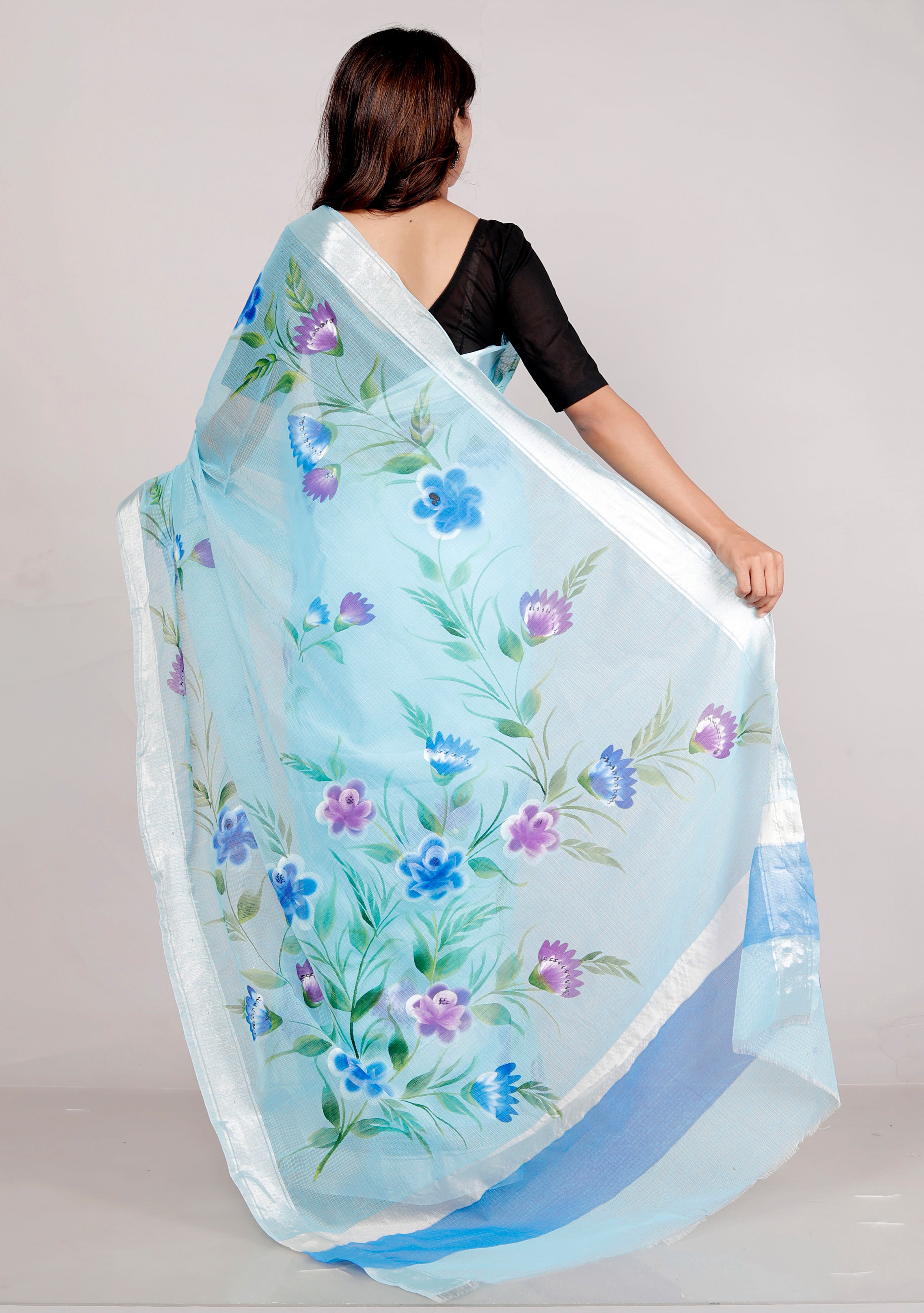 RAJGLOBAL Kota Doria Hand Painting Saree cotton blend_blue (blue)