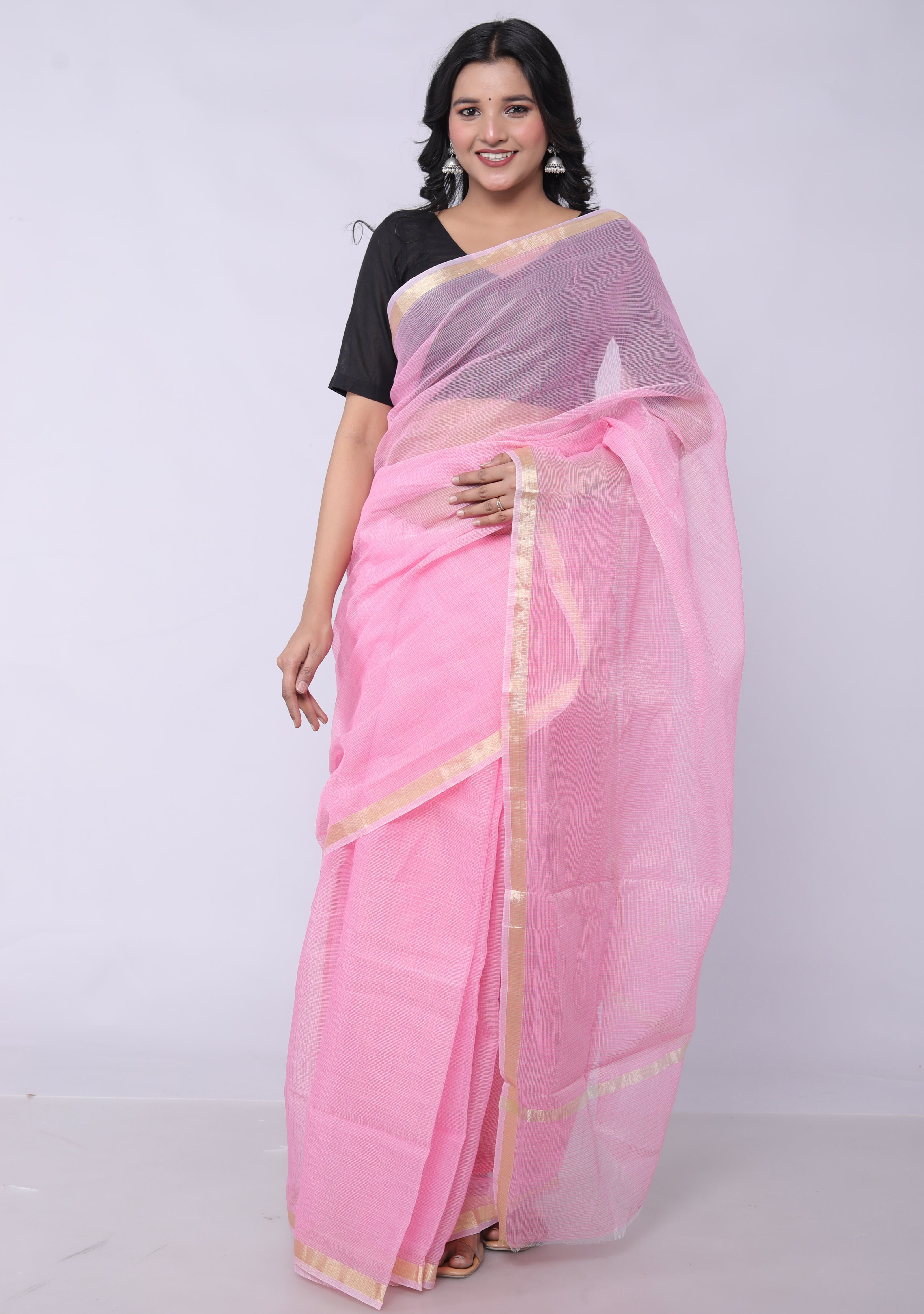 RAJGLOBAL Women's Plain Kota Doria Pure Cotton Saree with Unstiched Blouse Piece Light Pink