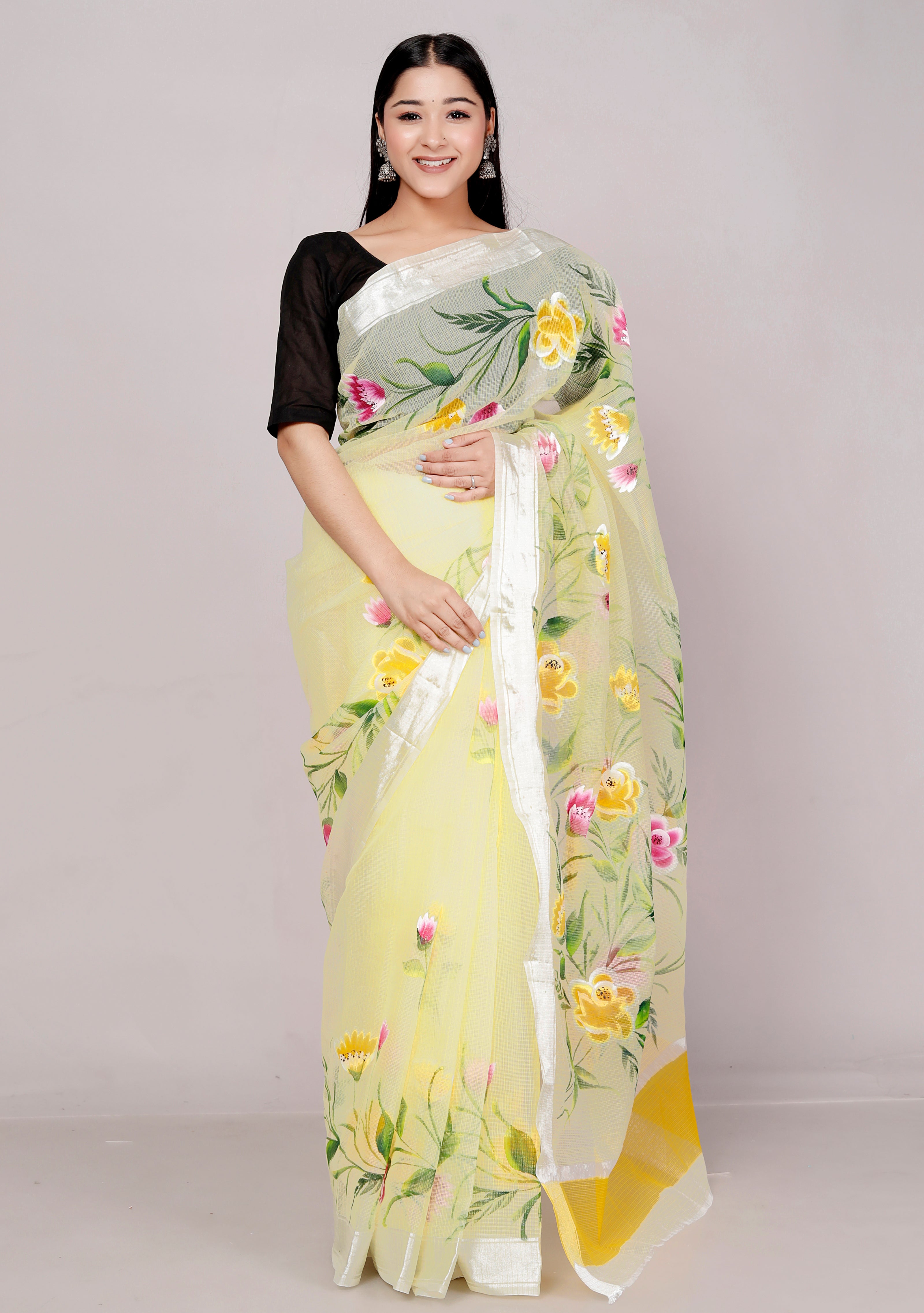 RAJGLOBAL Kota Doria Hand Painting Saree cotton blend