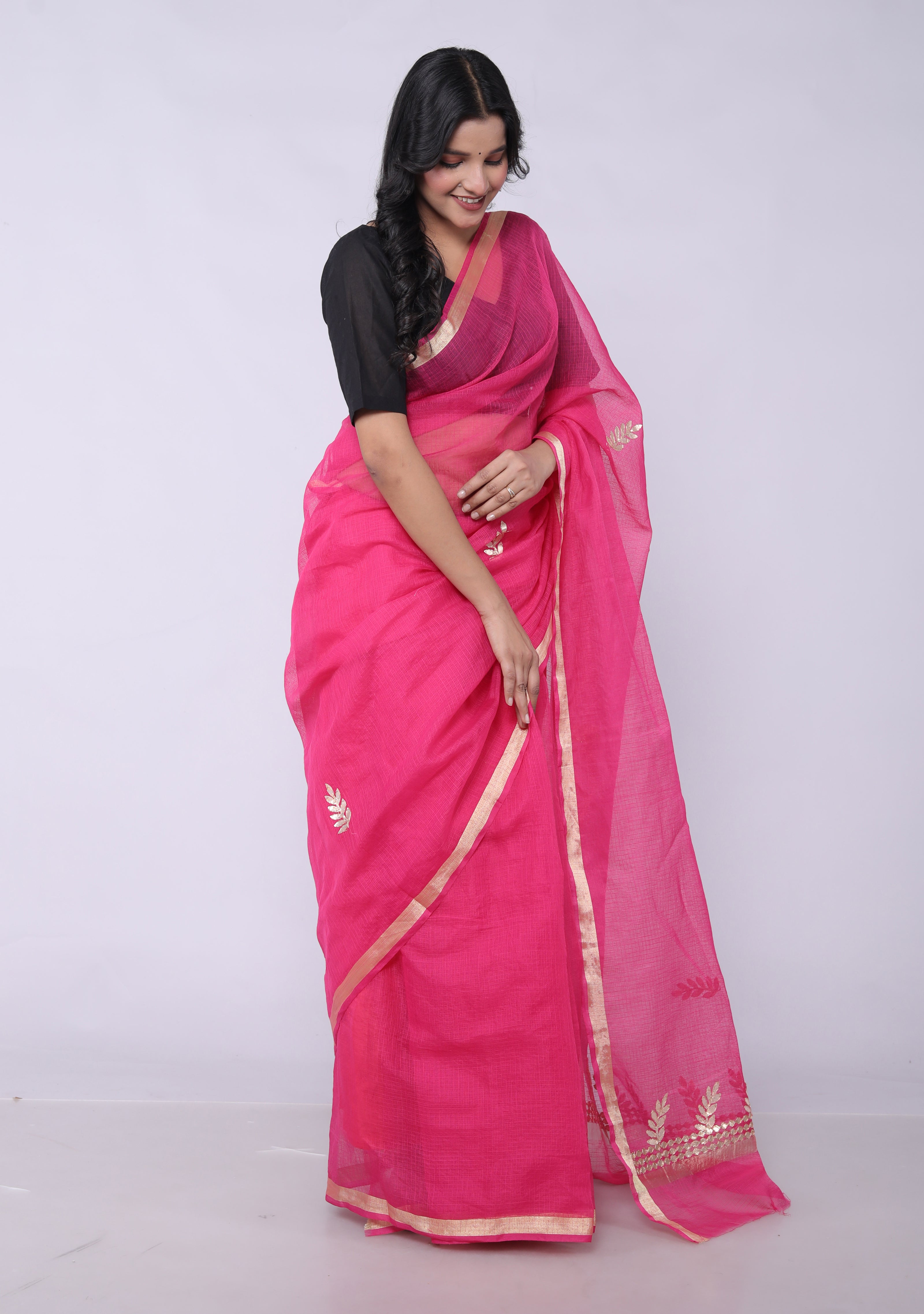 RAJGLOBAL Kota Doria Gota Patti Saree with Unstitched Blouse Pink