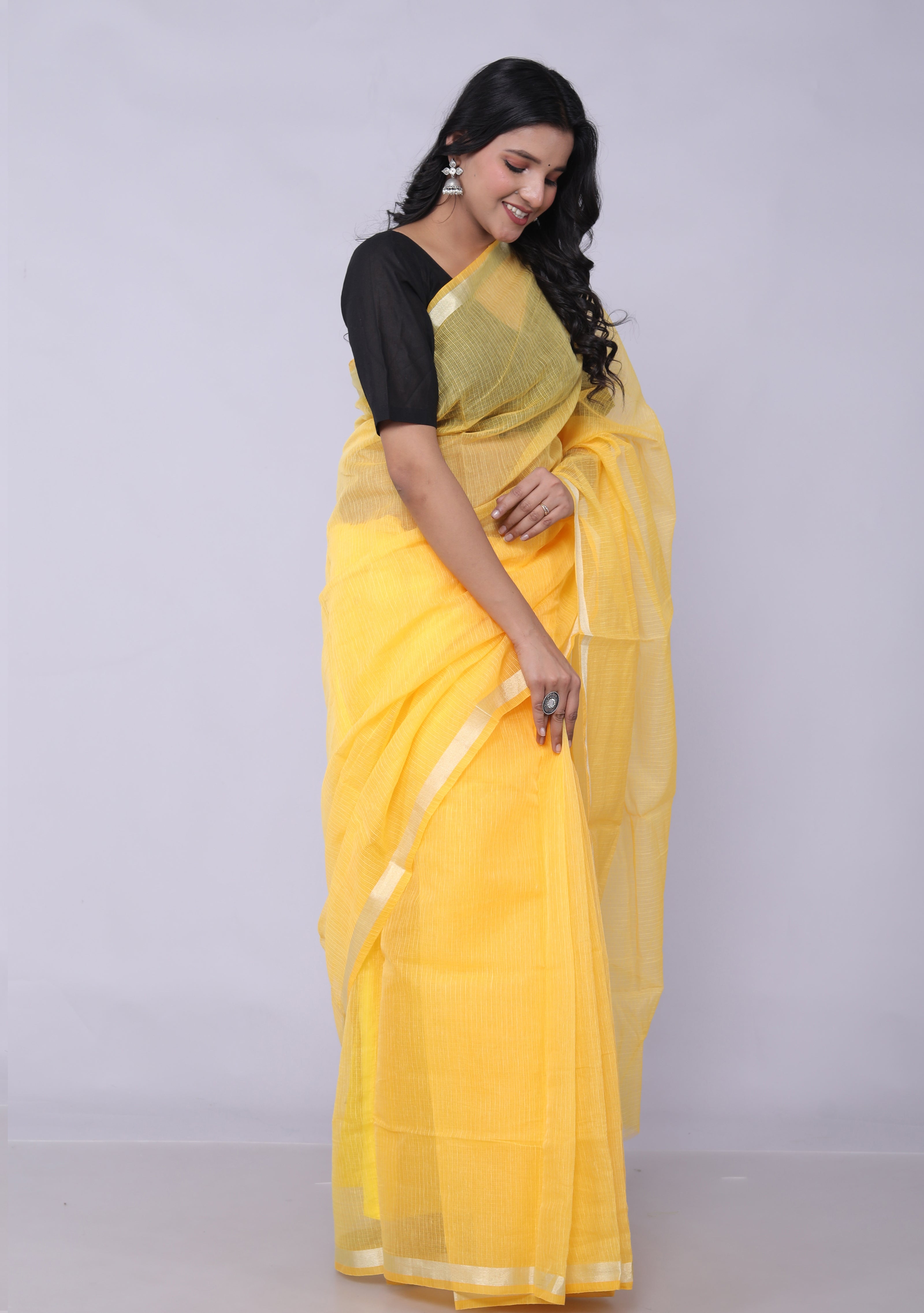RAJGLOBAL Women's Plain Kota Doria Pure Cotton Saree with Unstiched Blouse Piece Yellow