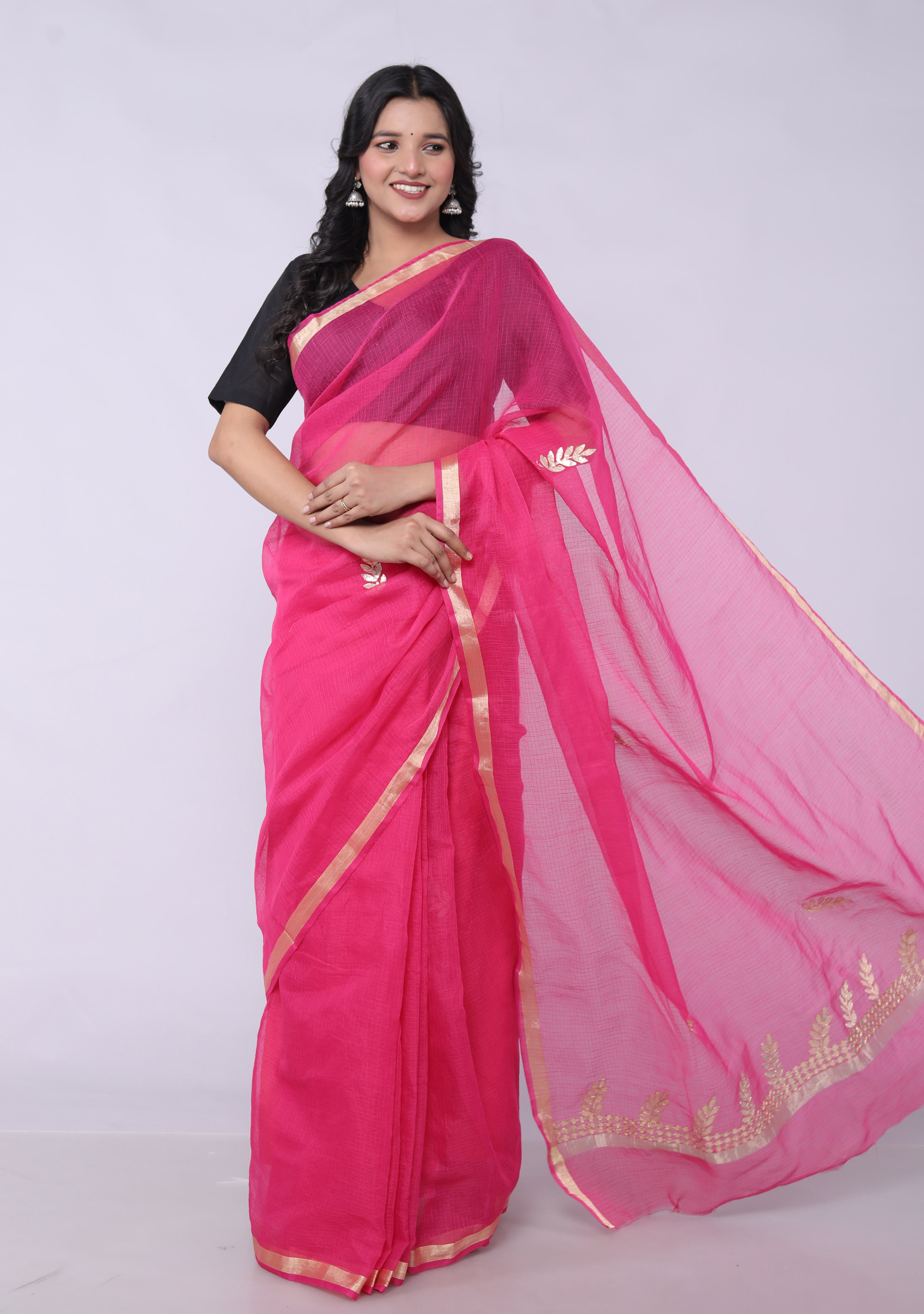 RAJGLOBAL Kota Doria Gota Patti Saree with Unstitched Blouse Pink