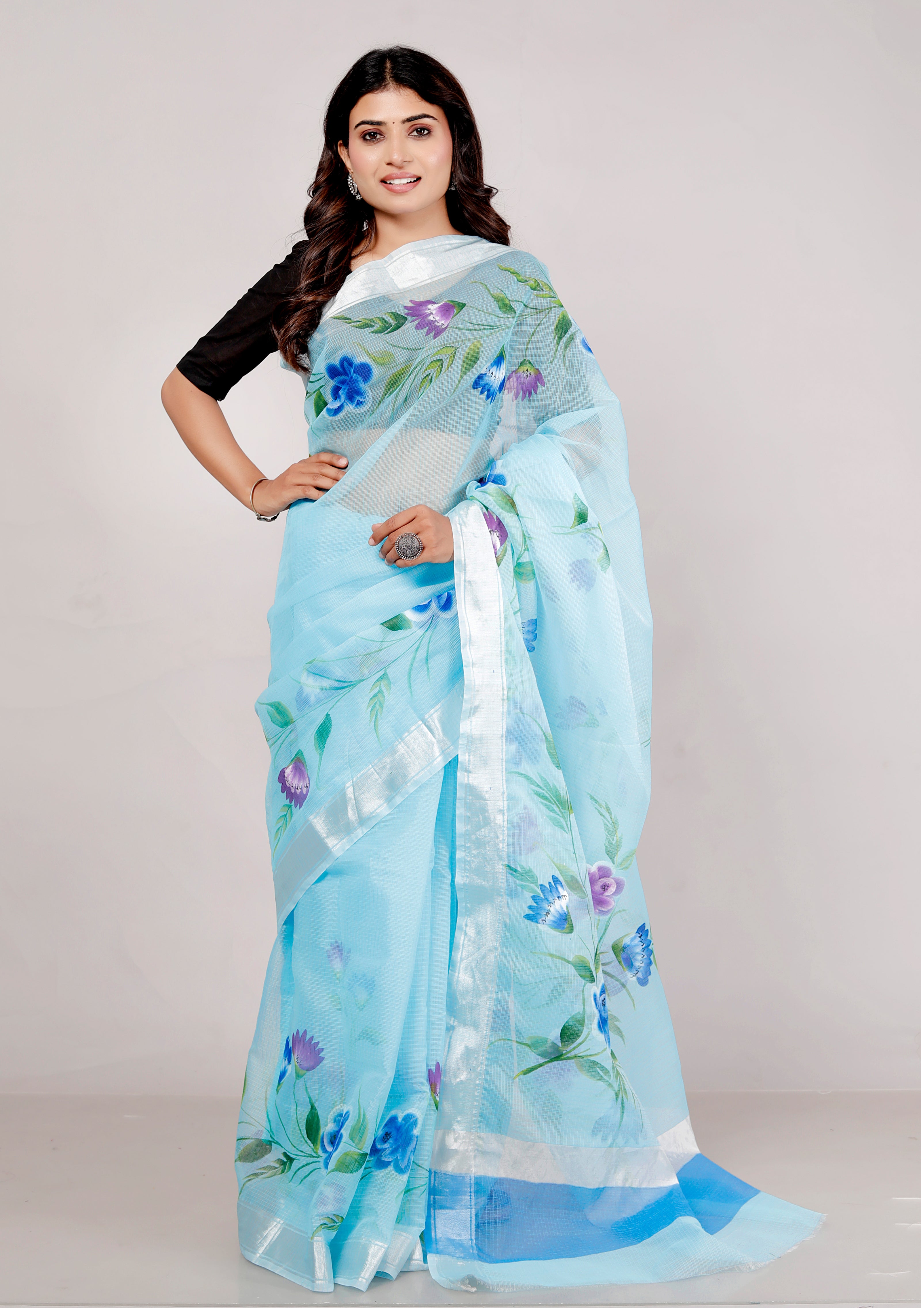 RAJGLOBAL Kota Doria Hand Painting Saree cotton blend_blue (blue)