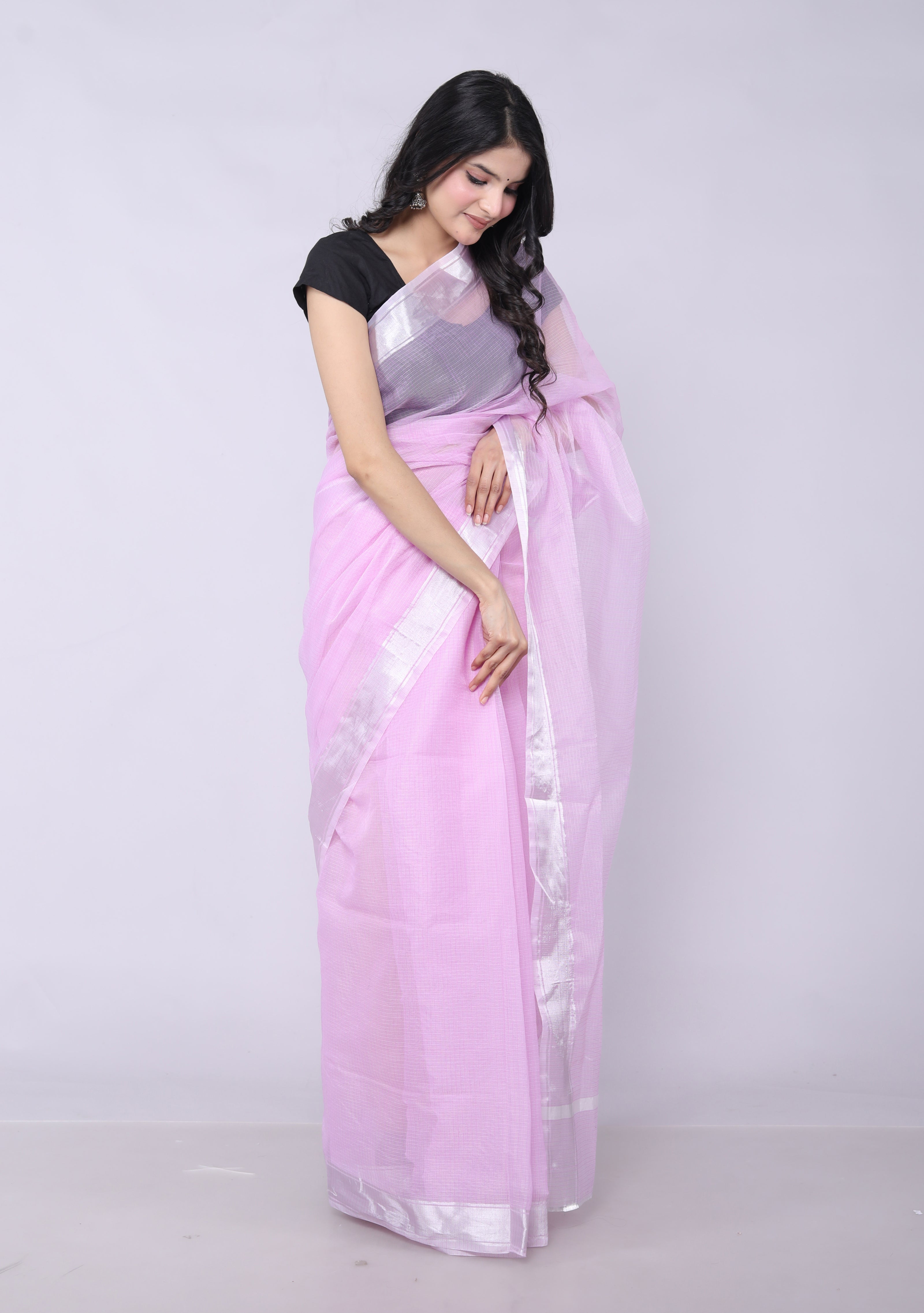 RAJGLOBAL Women's Plain Kota Doria Cotton blend Saree With Unstiched Blouse Piece bright zari