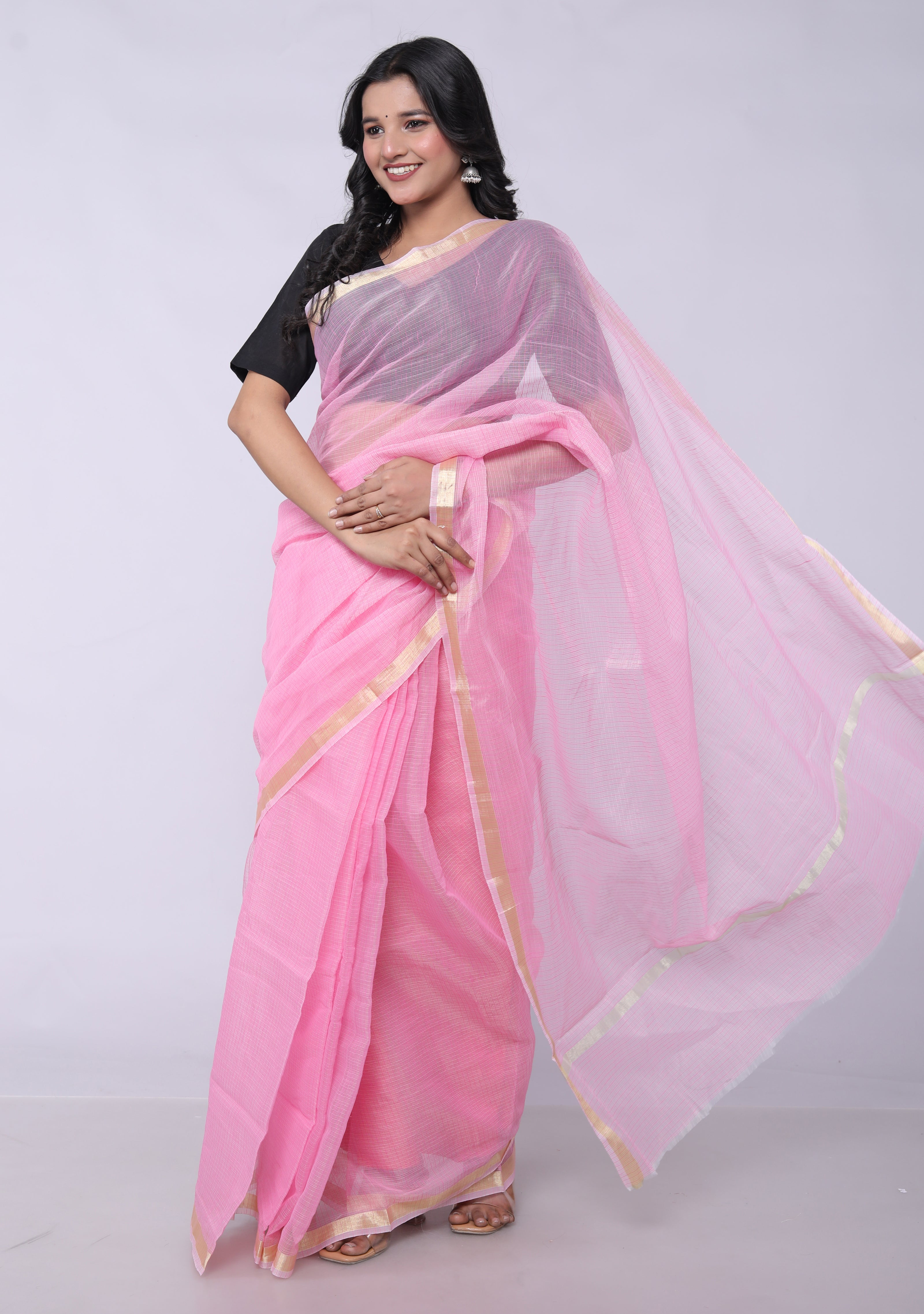 RAJGLOBAL Women's Plain Kota Doria Pure Cotton Saree with Unstiched Blouse Piece Light Pink