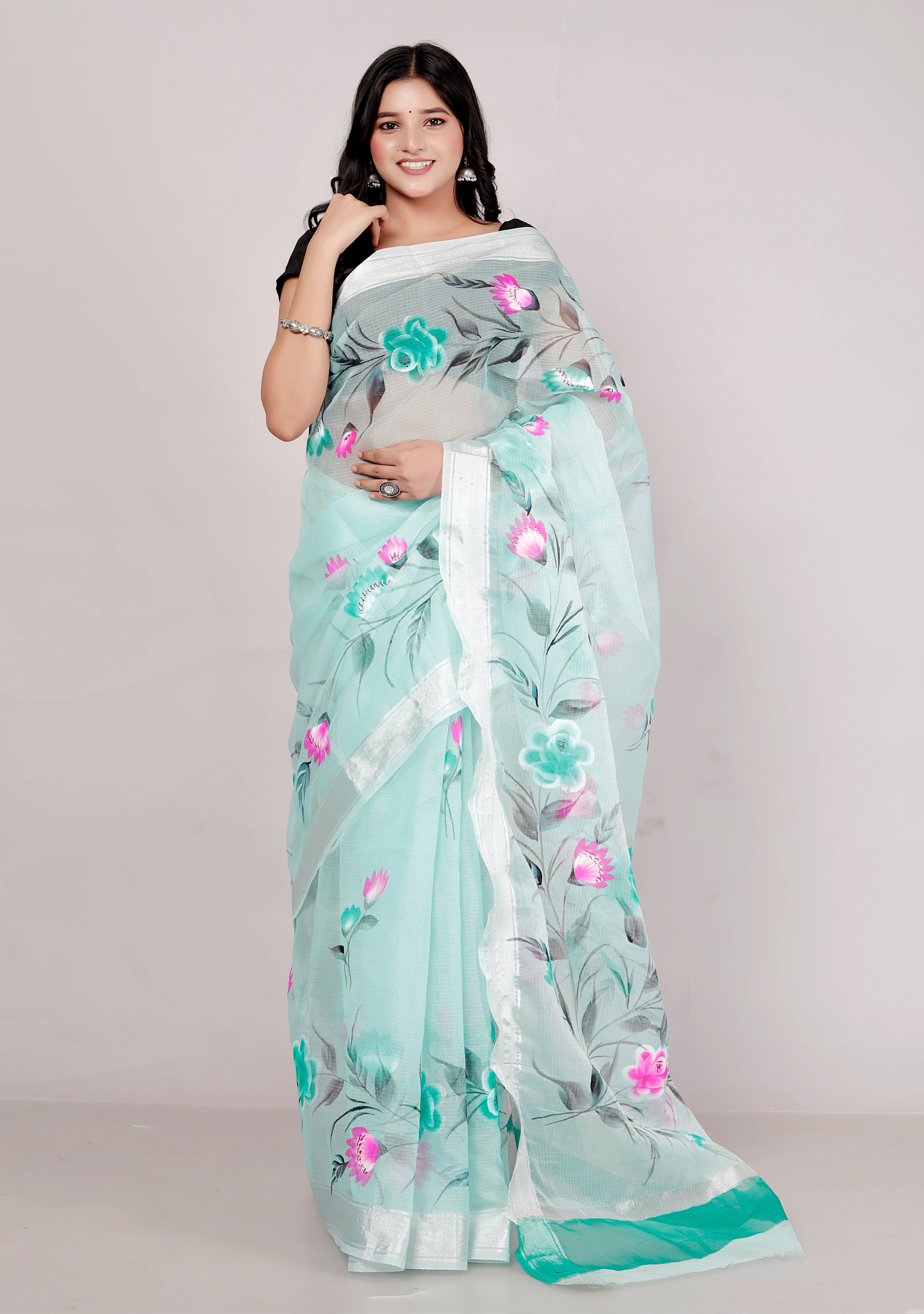 RAJGLOBAL Kota Doria Hand Painting Saree cotton blend_blue (Lavender Green)