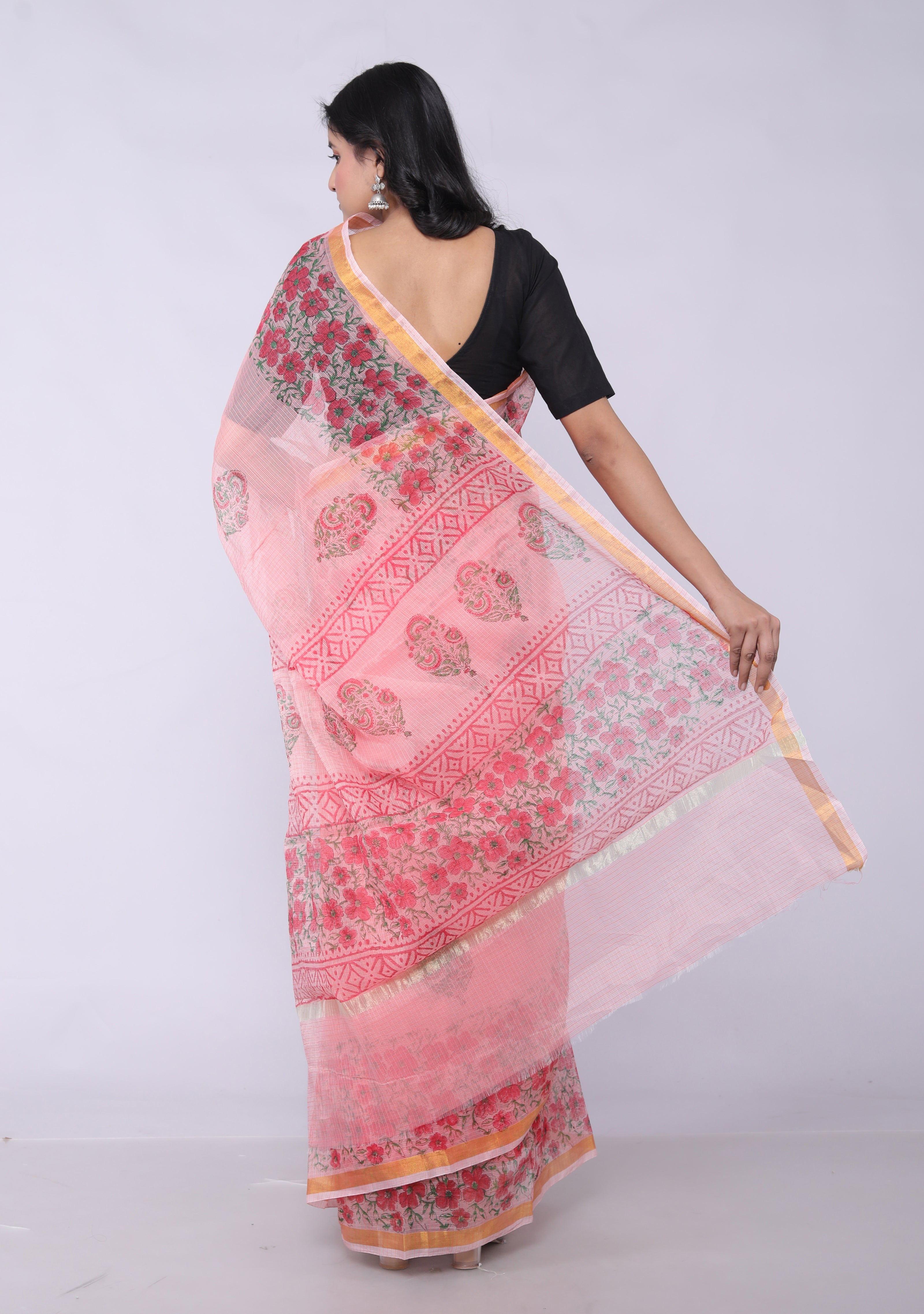RAJGLOBAL Kota Doria Hand Block Printed Saree with Unstitched Blouse Pink