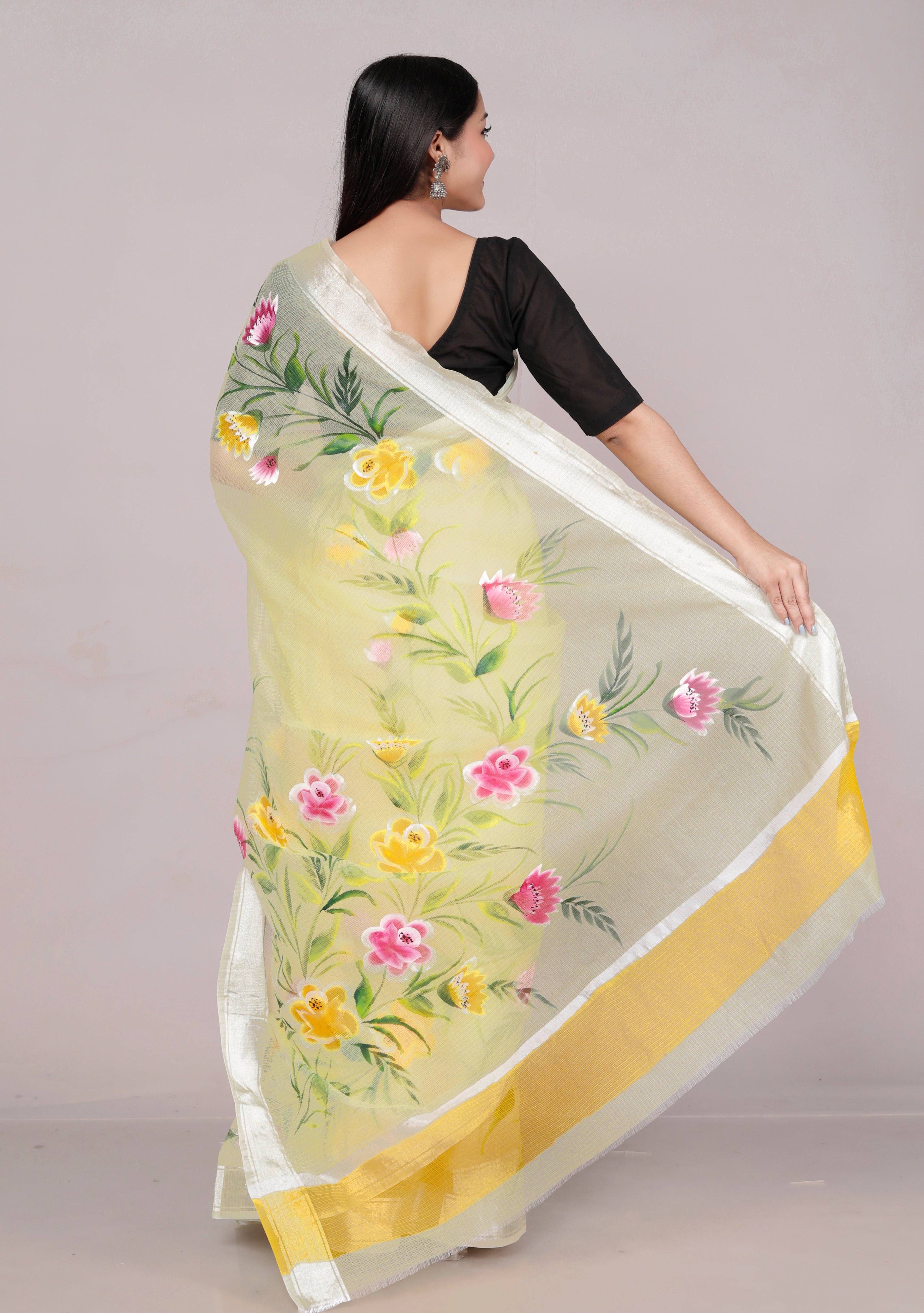 RAJGLOBAL Kota Doria Hand Painting Saree cotton blend