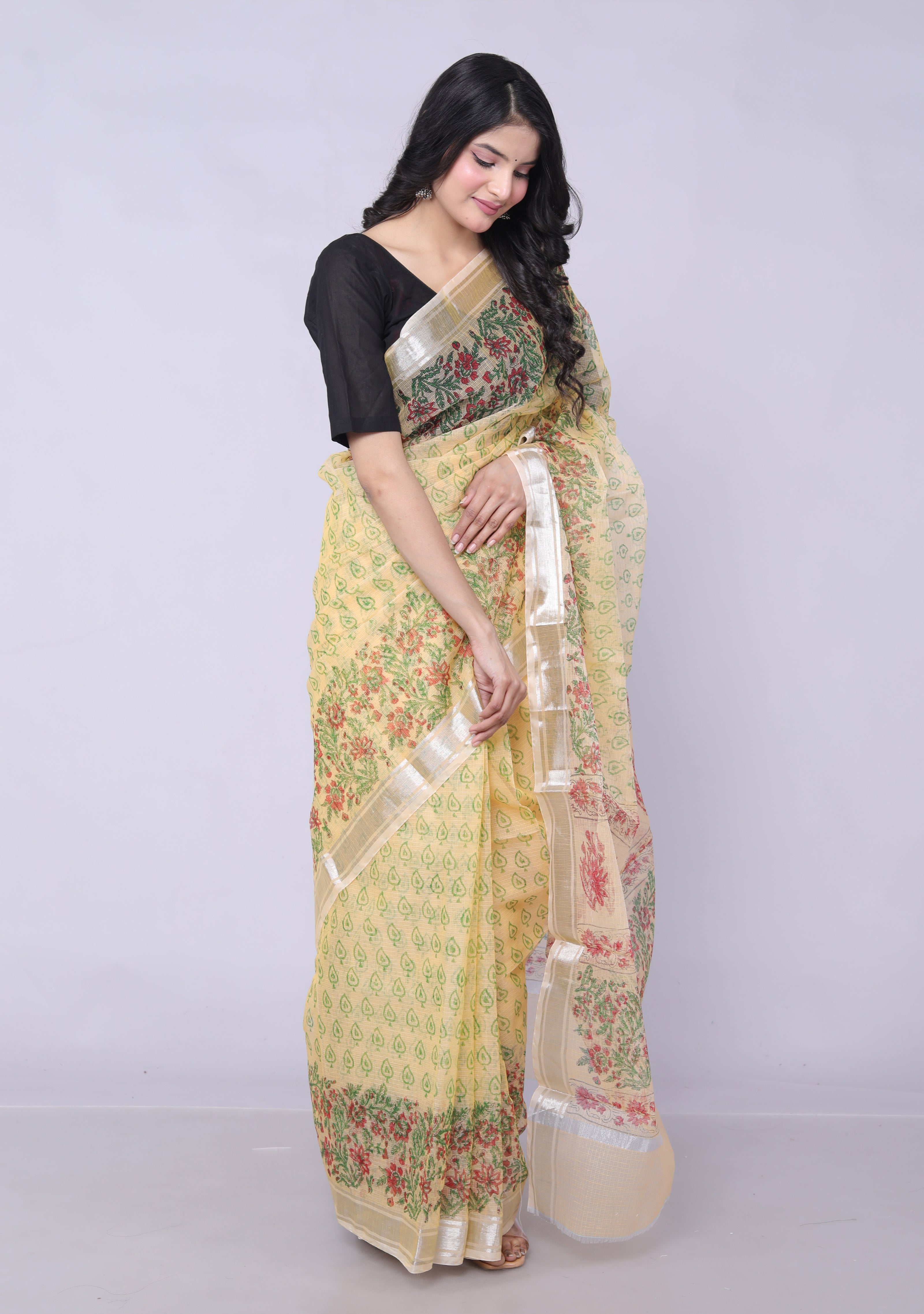 RAJGLOBAL Kota Doria Hand Block Printed Pink Saree with (yellow_greenish)