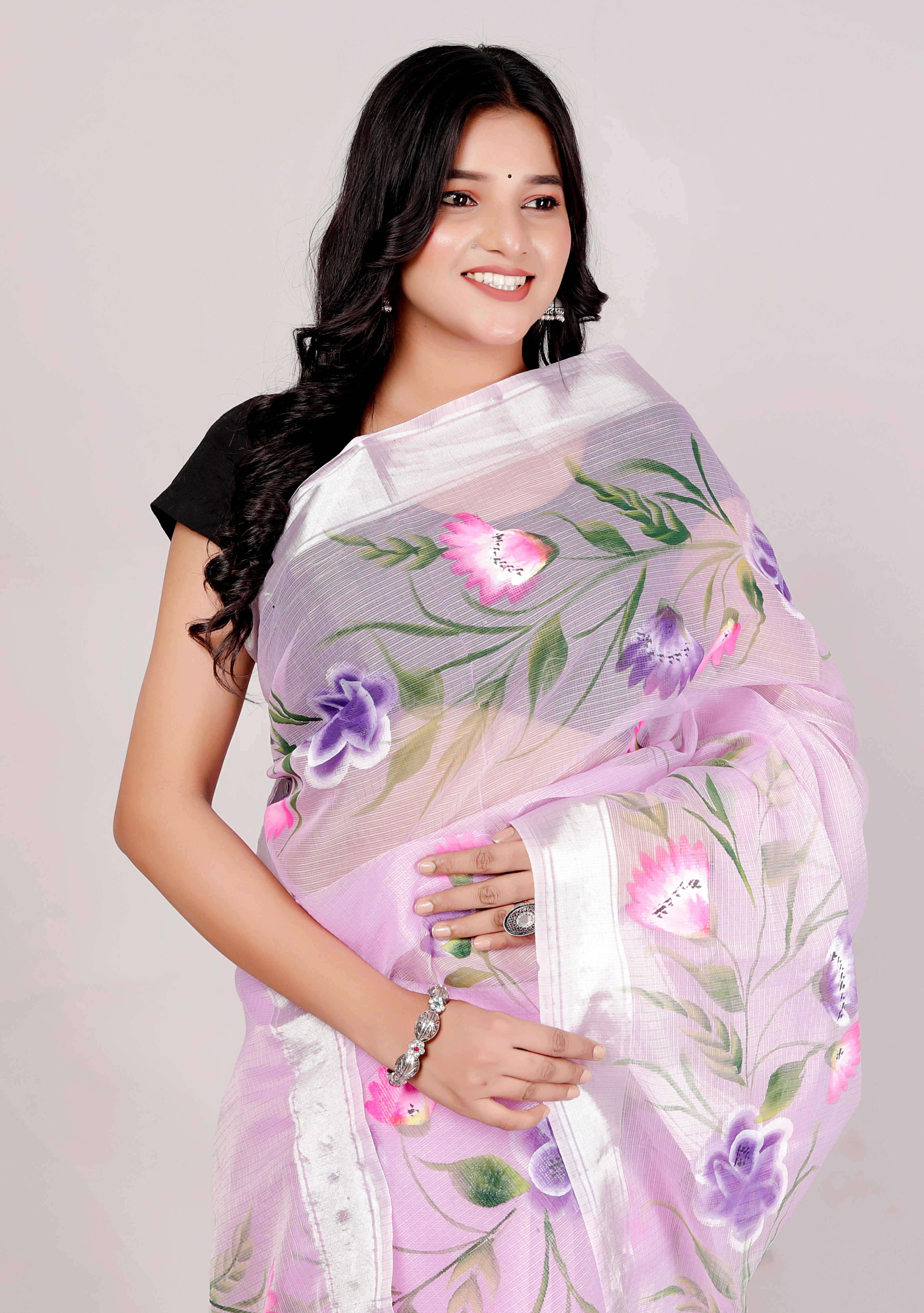 RAJGLOBAL Kota Doria Hand Painting Saree cotton blend_blue (purple)