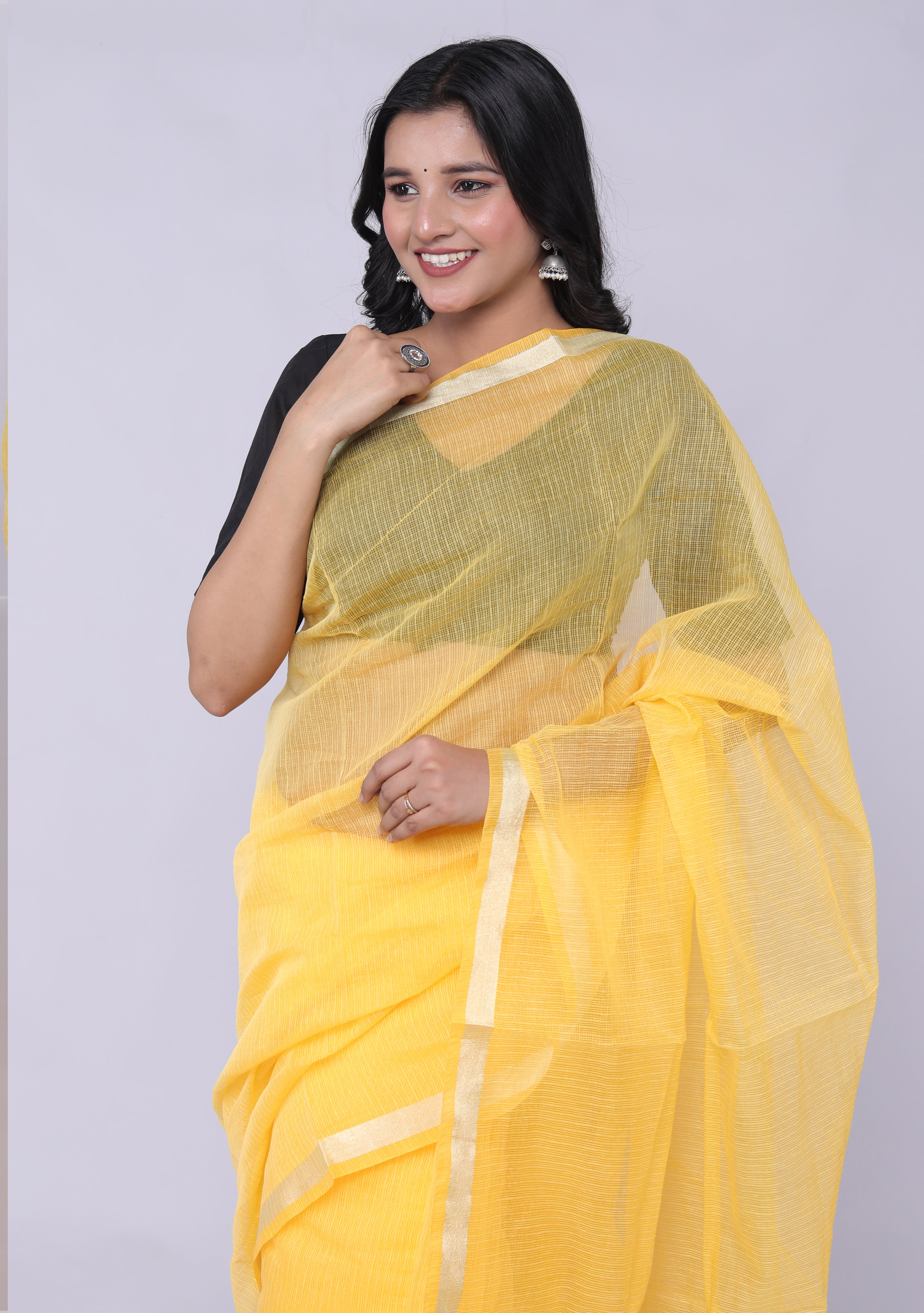 RAJGLOBAL Women's Plain Kota Doria Pure Cotton Saree with Unstiched Blouse Piece Yellow