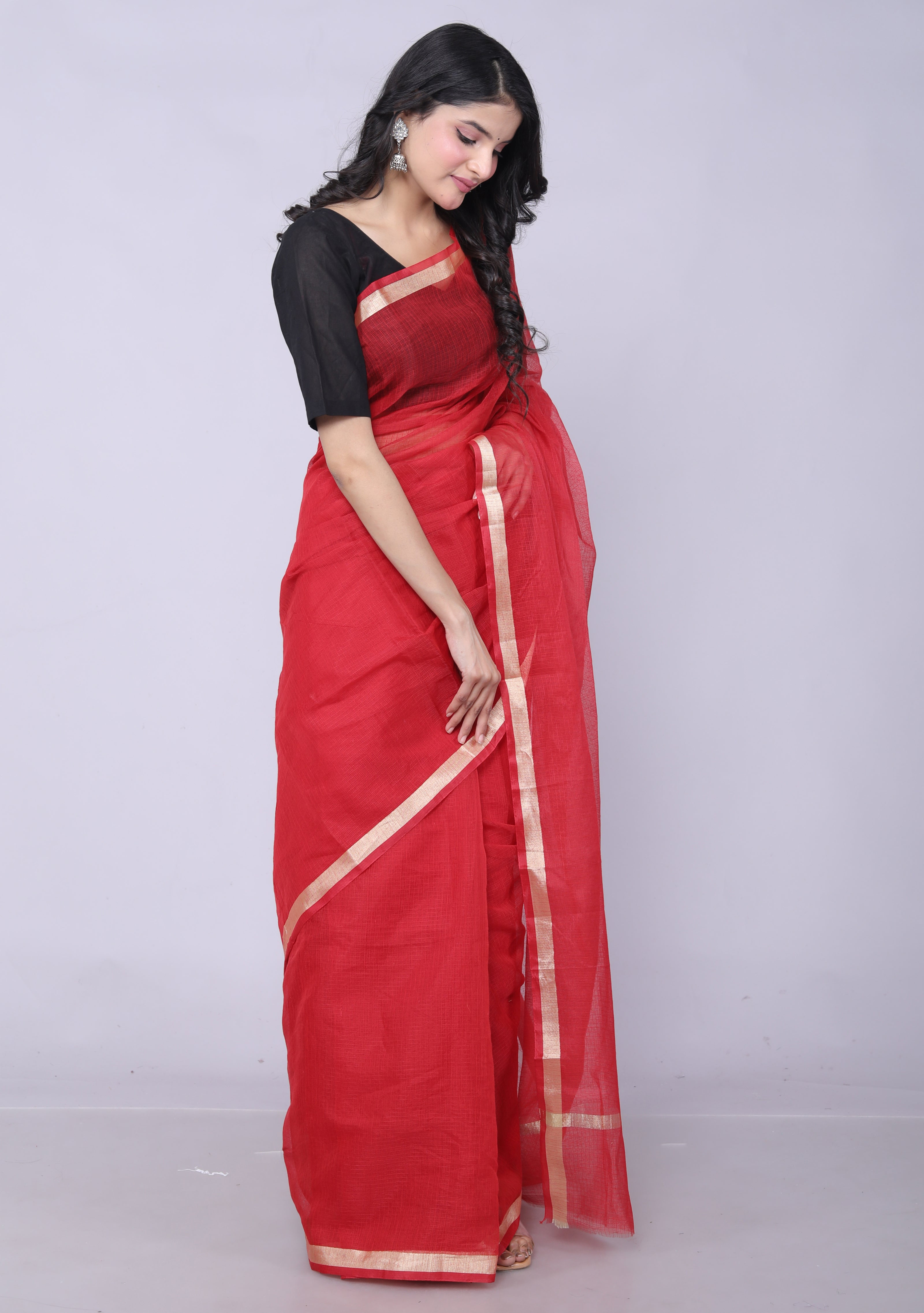 RAJGLOBAL Women's Plain Kota Doria Pure Cotton Saree with Unstiched Blouse Piece Red